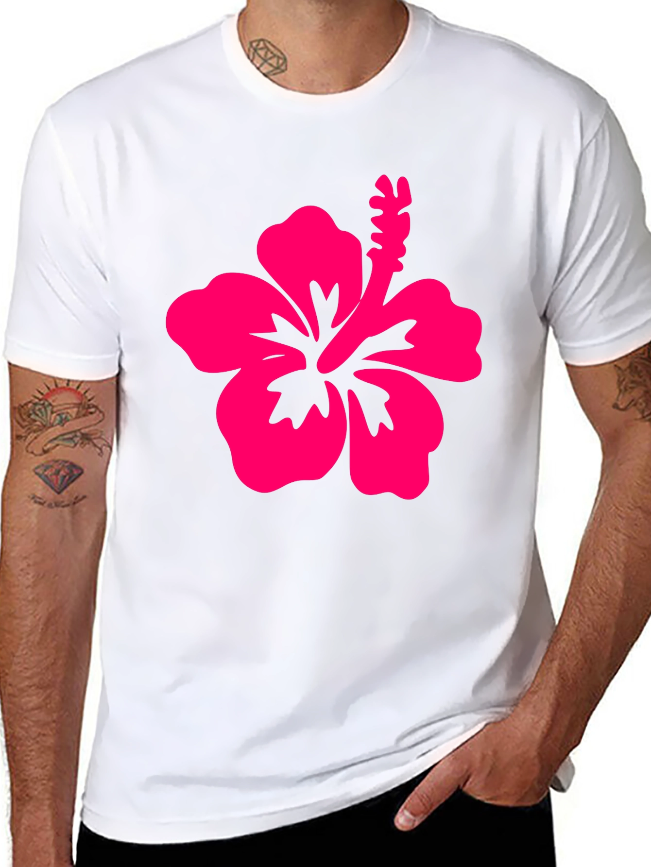Black T-Shirt with Pink Hibiscus Flower Graphic