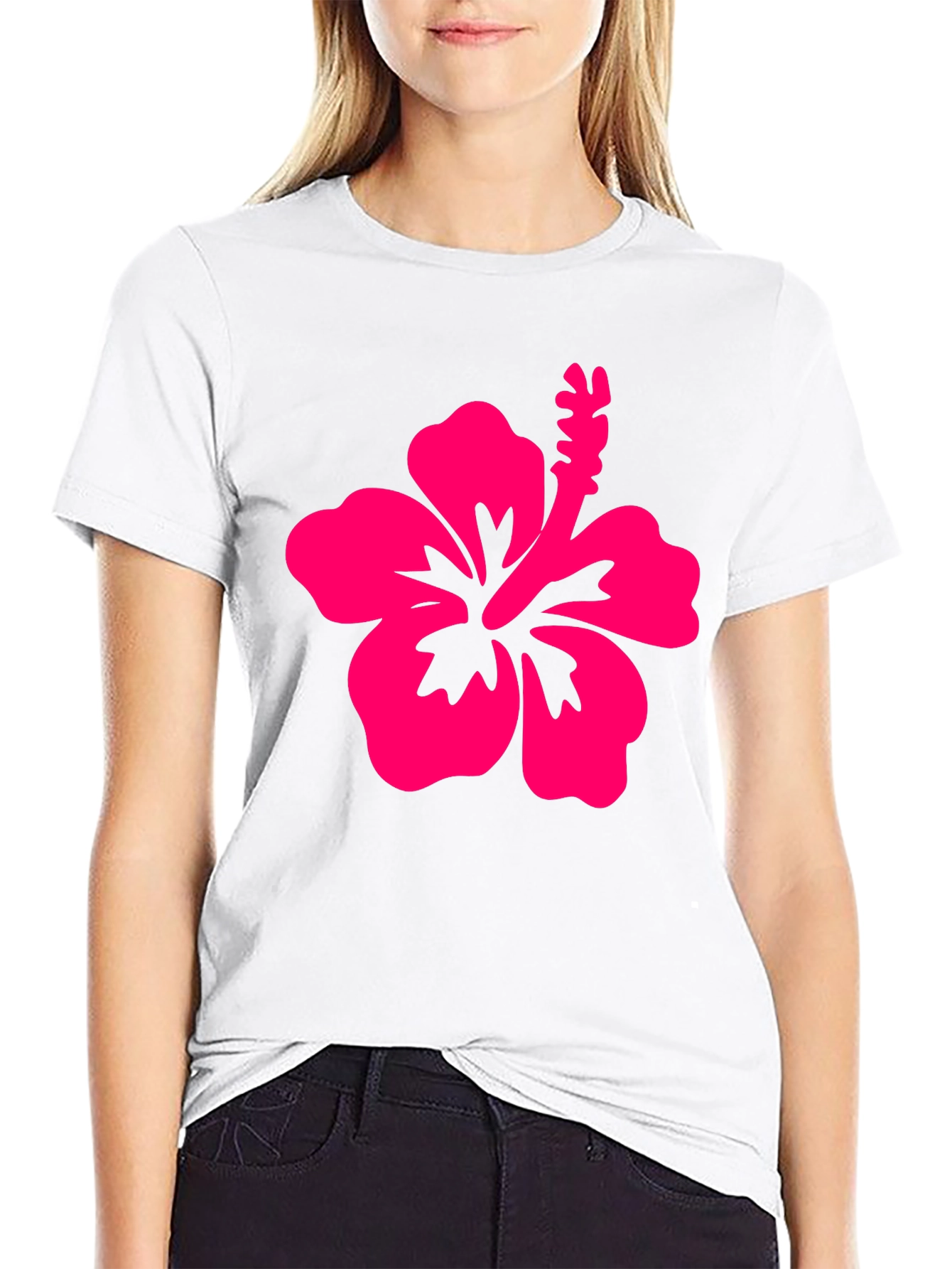 Black T-Shirt with Pink Hibiscus Flower Graphic