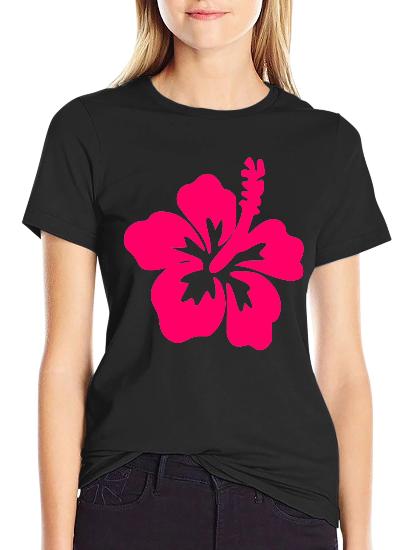 Black T-Shirt with Pink Hibiscus Flower Graphic