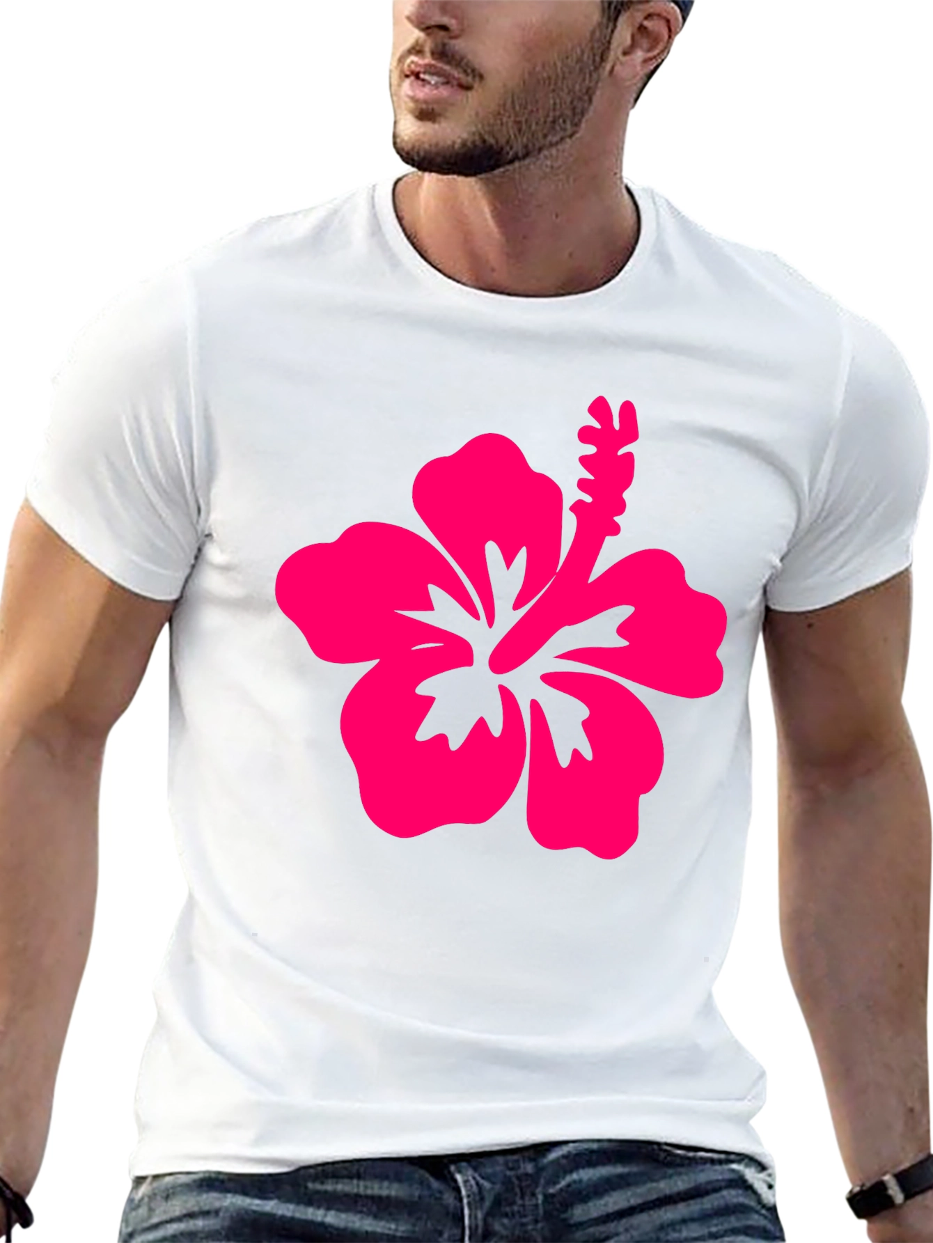 Black T-Shirt with Pink Hibiscus Flower Graphic
