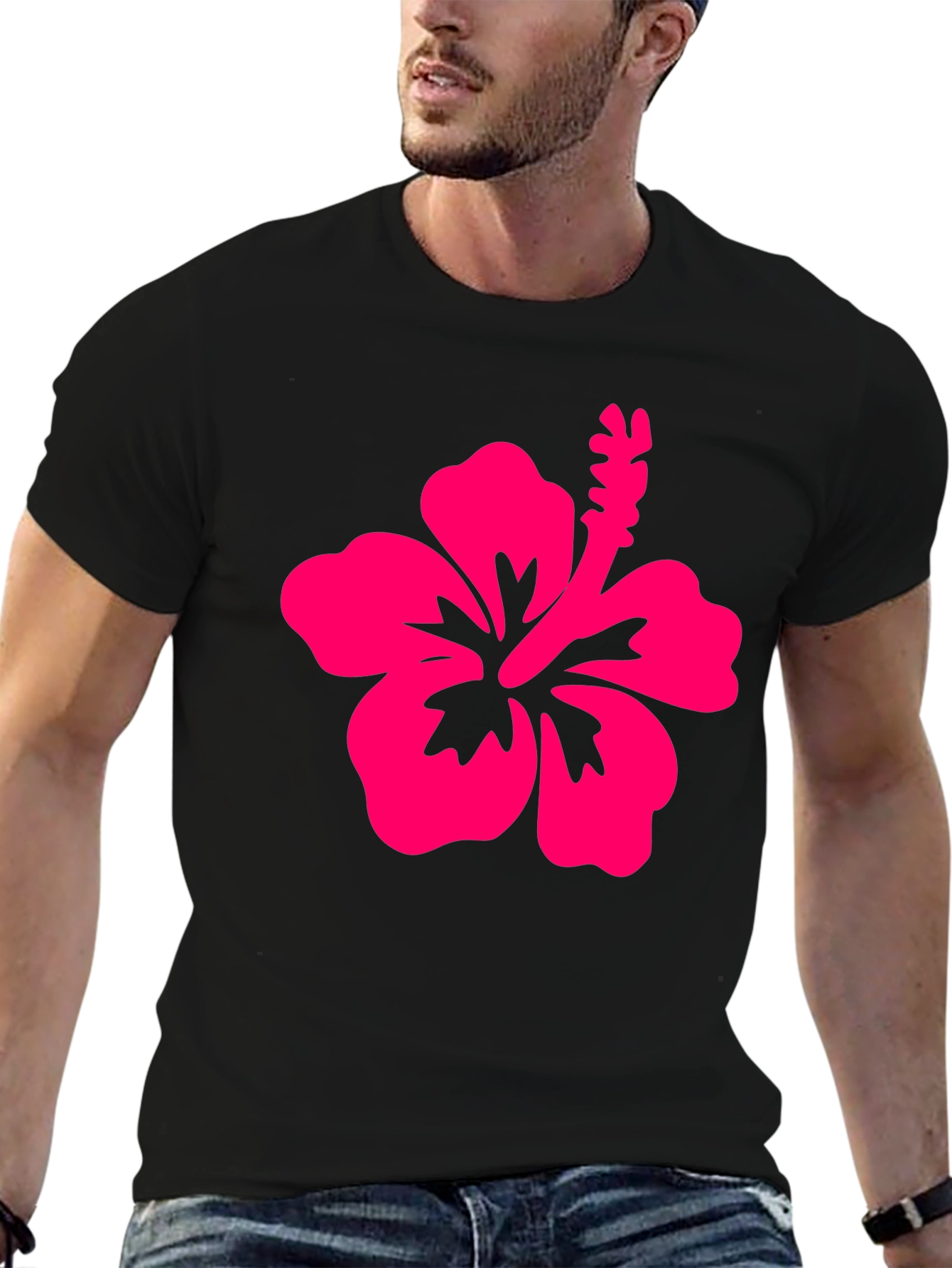 Black T-Shirt with Pink Hibiscus Flower Graphic