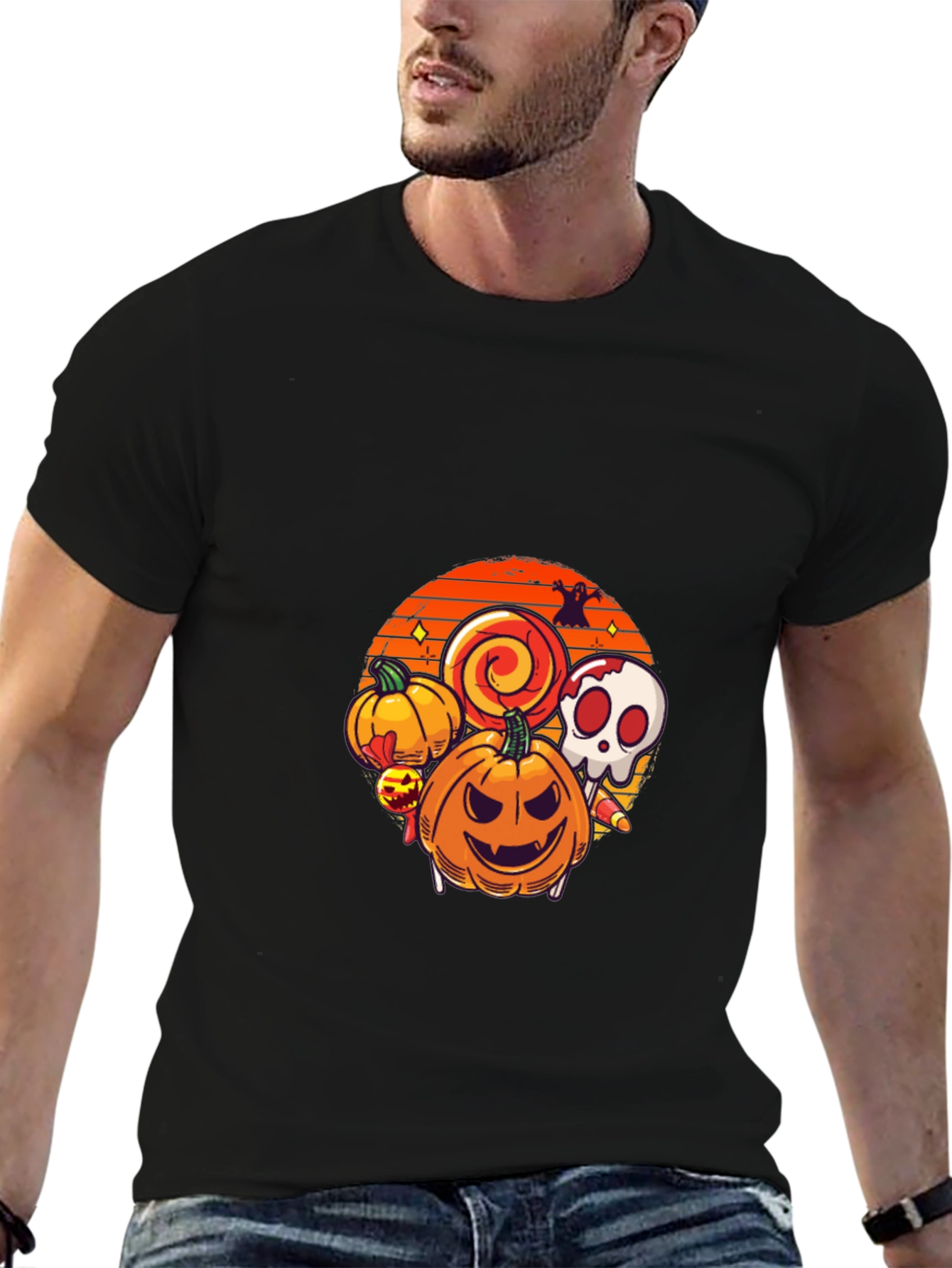 Halloween Graphic Tee - Pumpkin Skull Lollipop