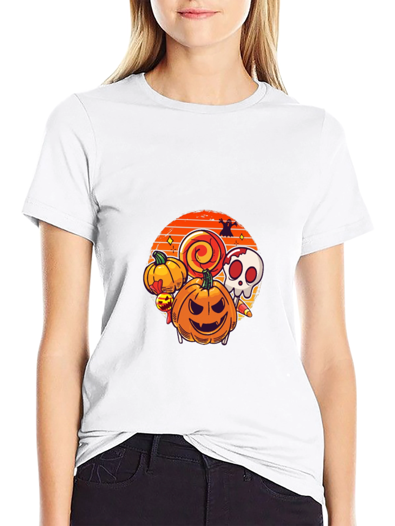 Halloween Graphic Tee - Pumpkin Skull Lollipop