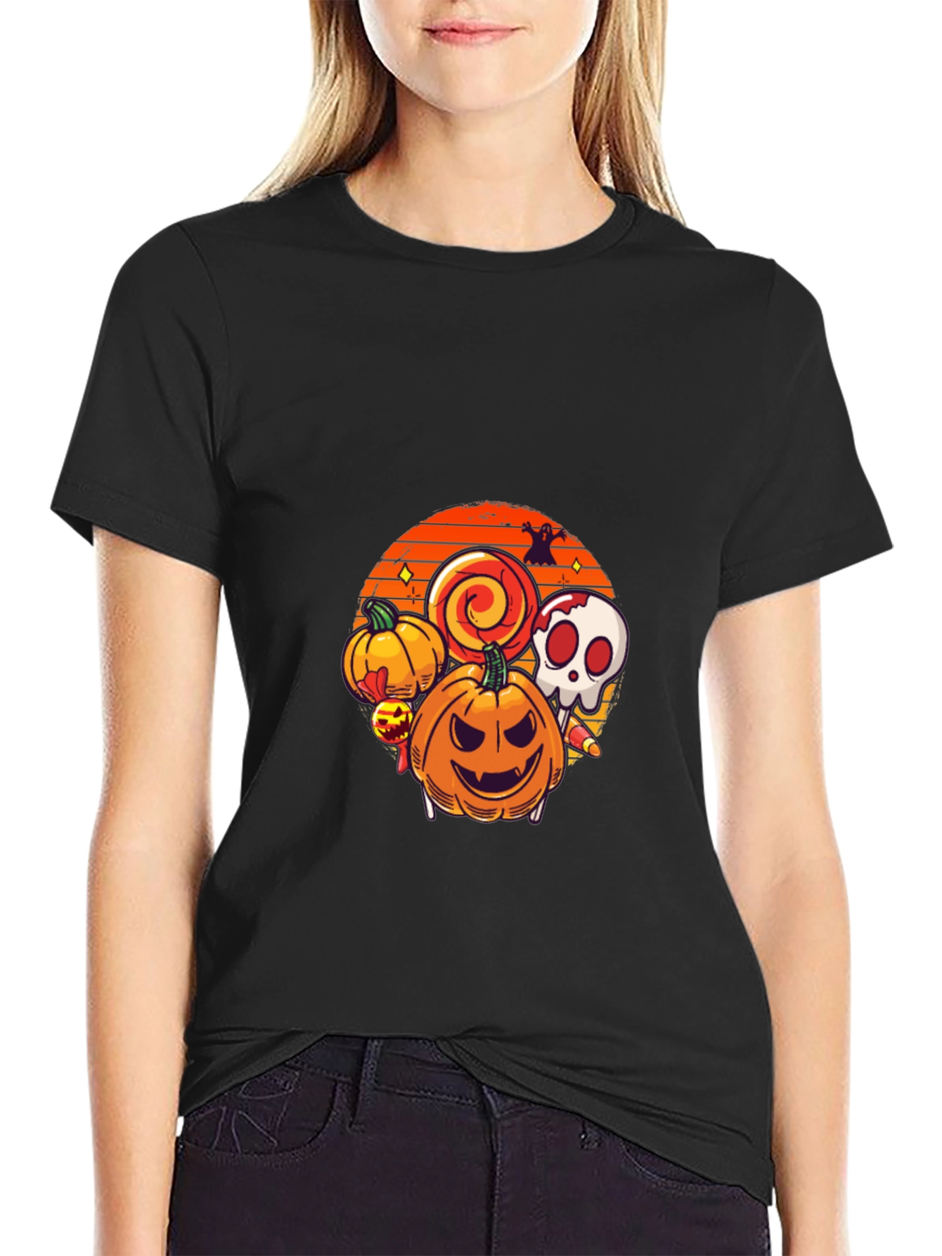 Halloween Graphic Tee - Pumpkin Skull Lollipop