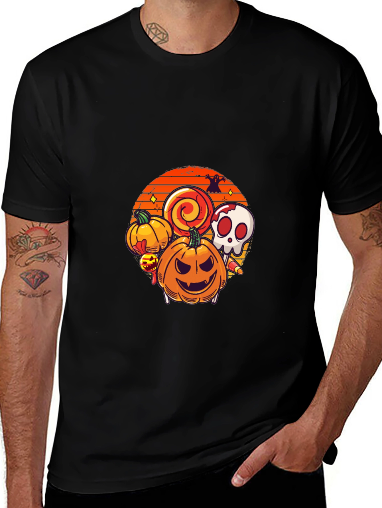Halloween Graphic Tee - Pumpkin Skull Lollipop