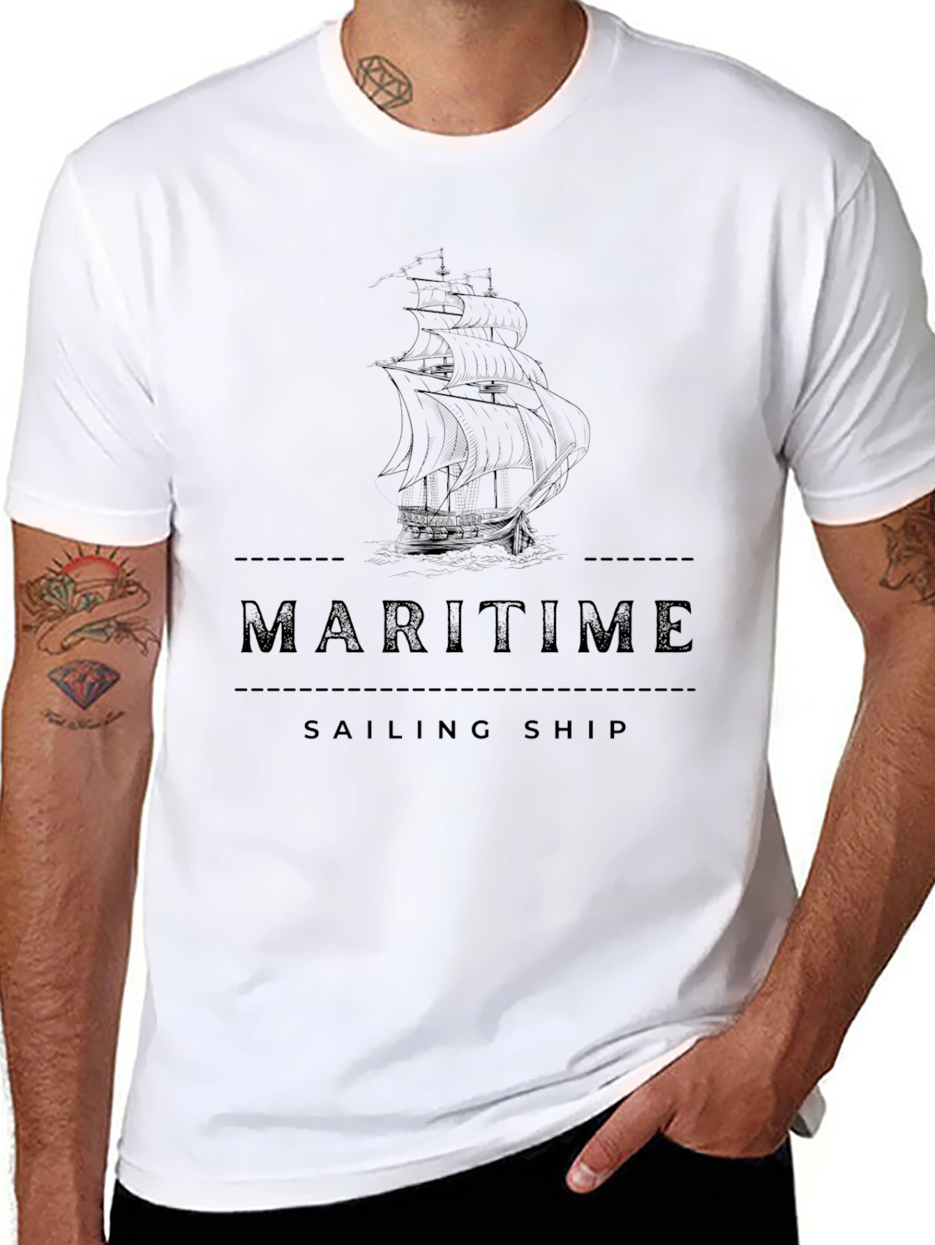 Maritime Sailing Ship Graphic Tee - Black Cotton T-Shirt