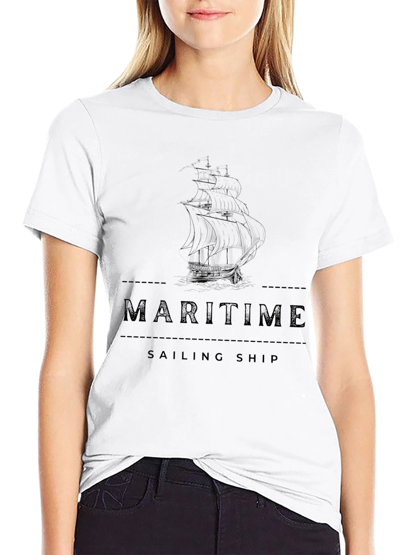 Maritime Sailing Ship Graphic Tee - Black Cotton T-Shirt