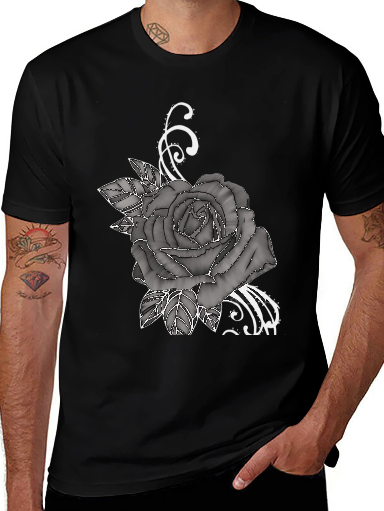 Mens Black T-Shirt with Rose Graphic