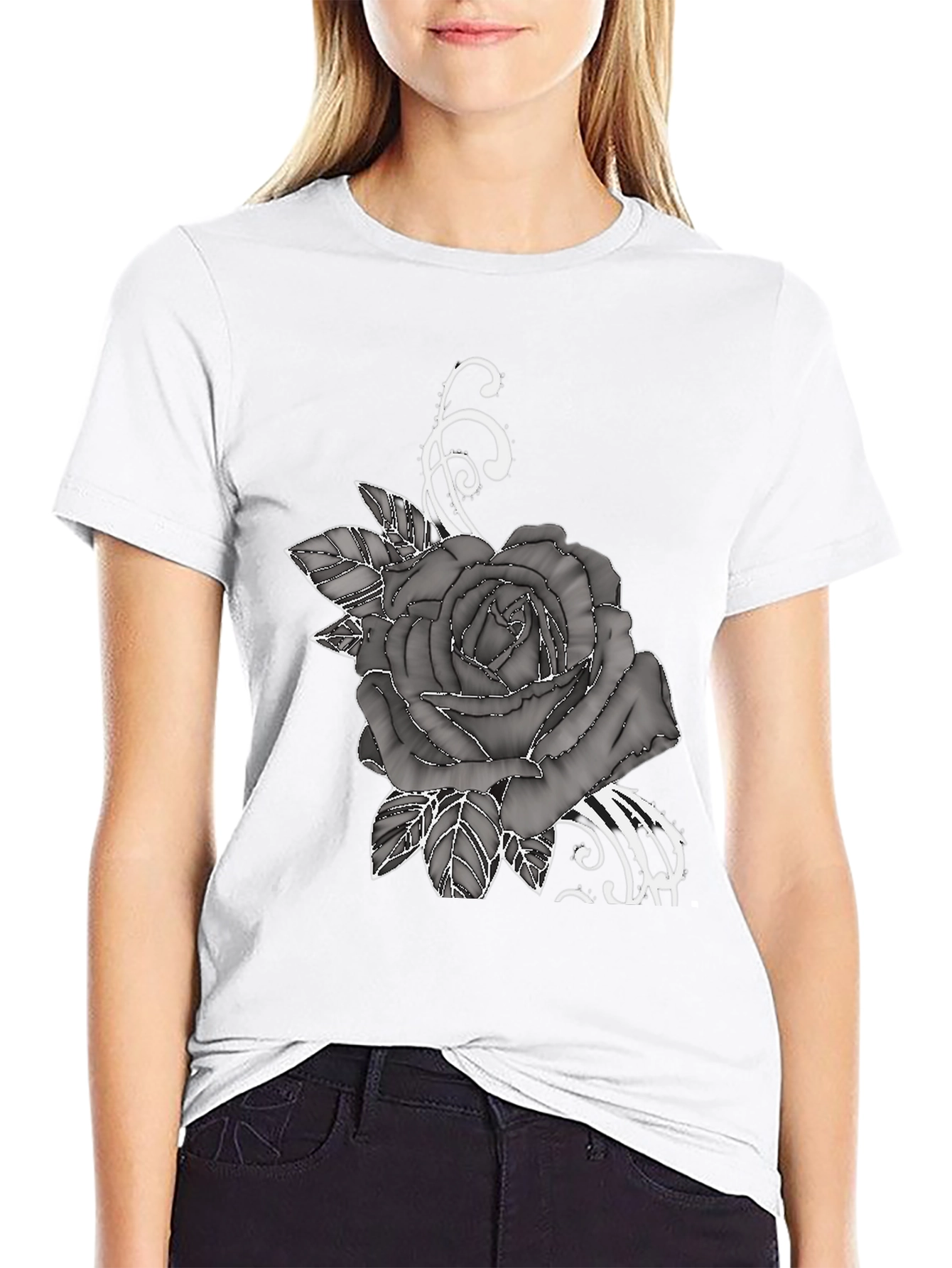 Mens Black T-Shirt with Rose Graphic