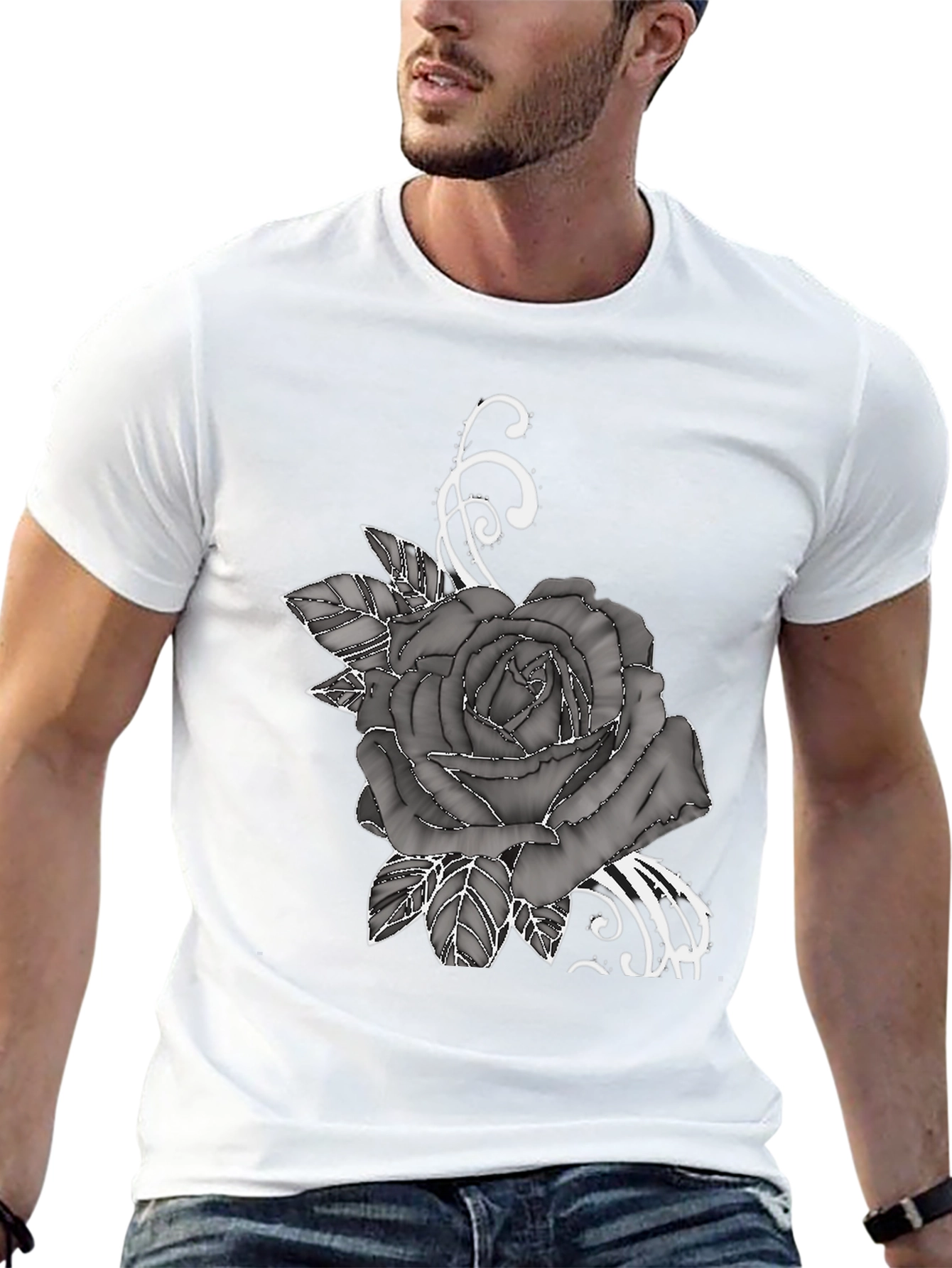 Mens Black T-Shirt with Rose Graphic