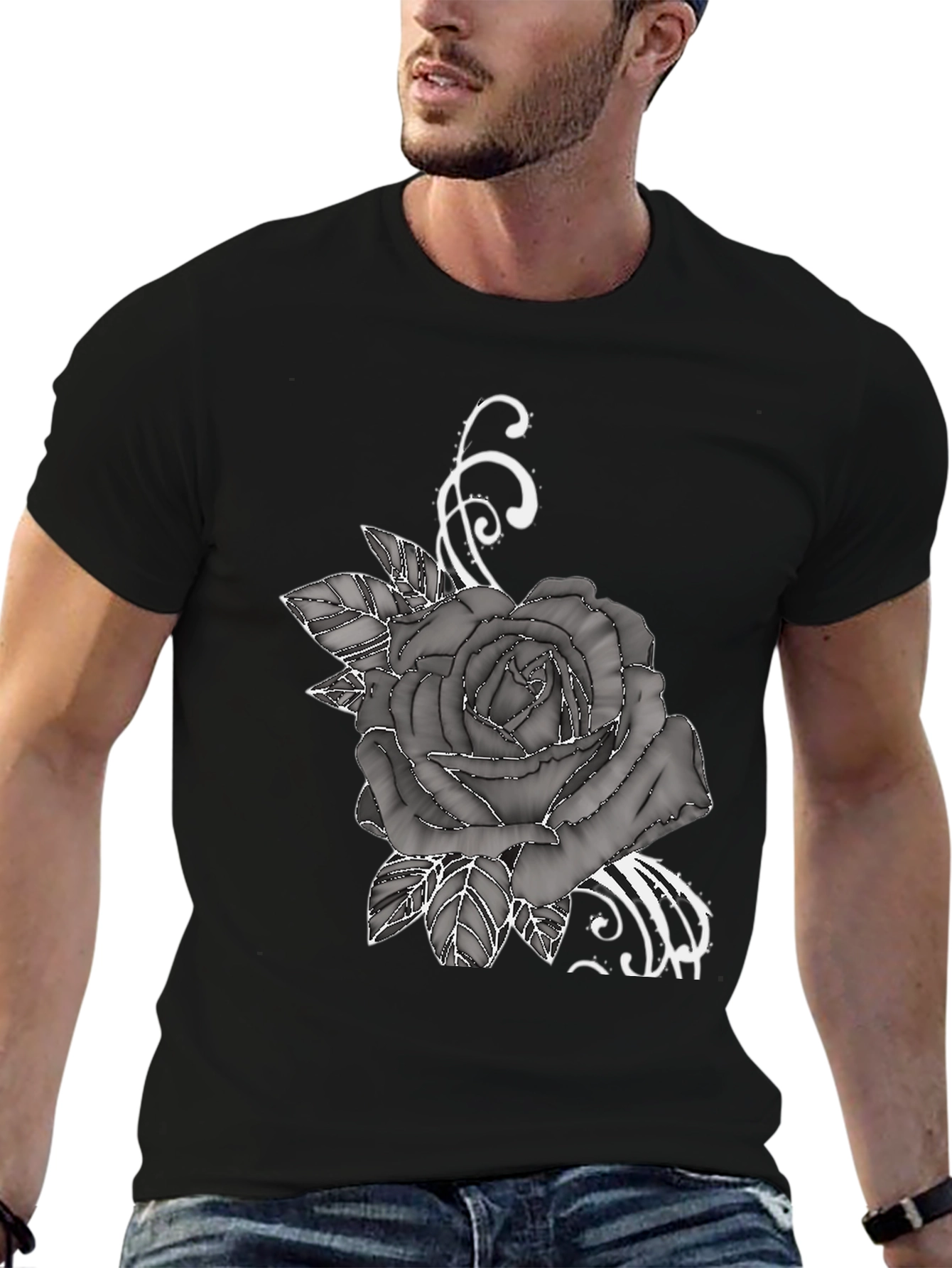 Mens Black T-Shirt with Rose Graphic