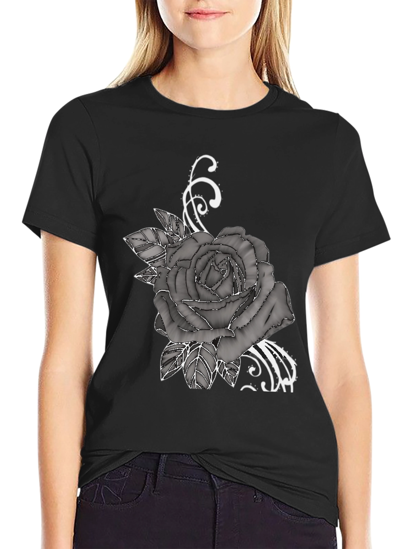 Mens Black T-Shirt with Rose Graphic