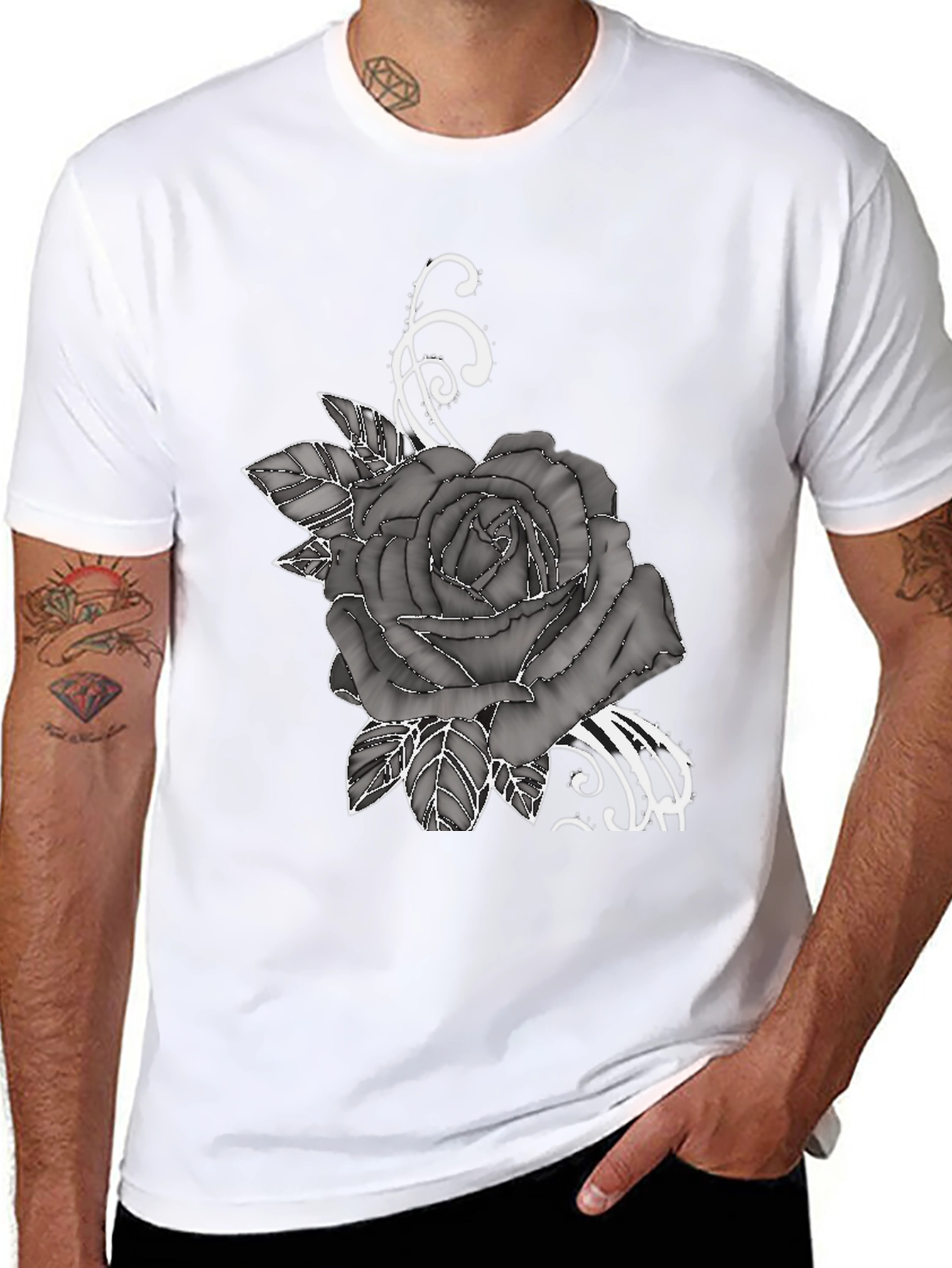 Mens Black T-Shirt with Rose Graphic