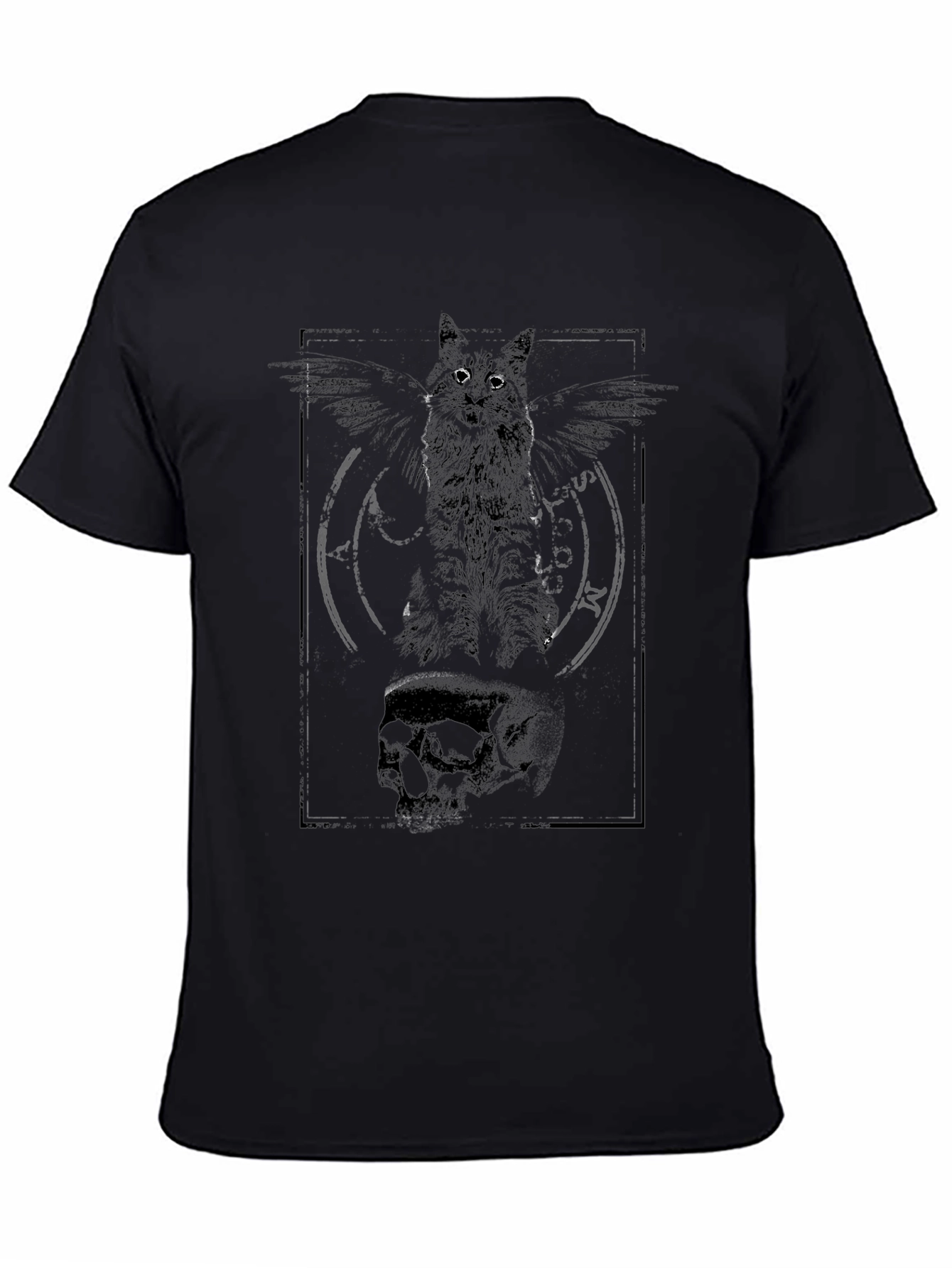Occult Cat & Skull Graphic Tee - Gothic Style