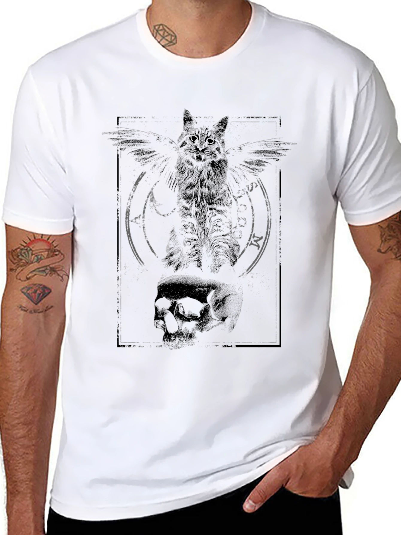 Occult Cat & Skull Graphic Tee - Gothic Style