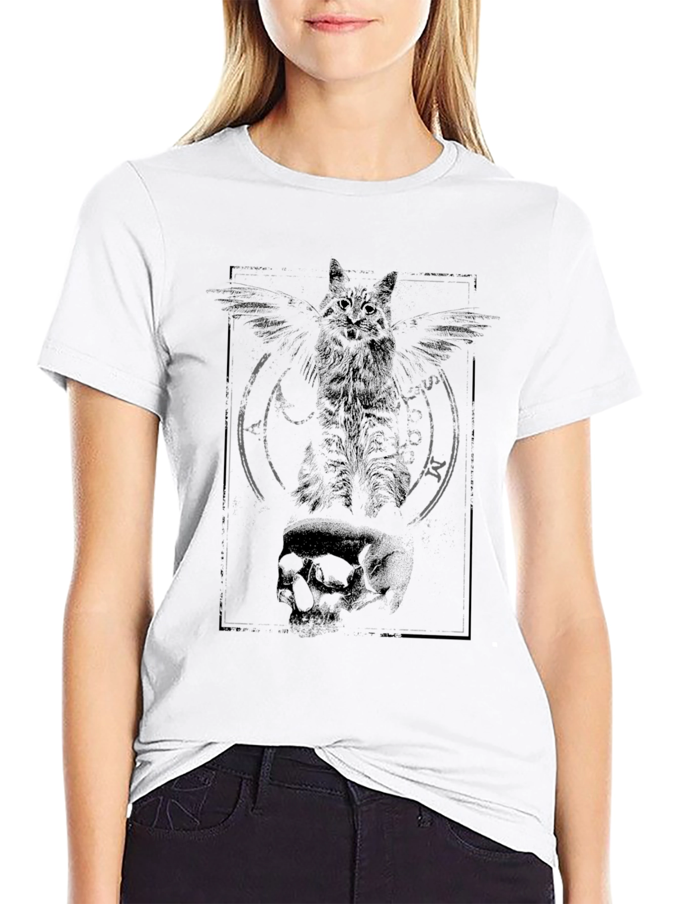 Occult Cat & Skull Graphic Tee - Gothic Style