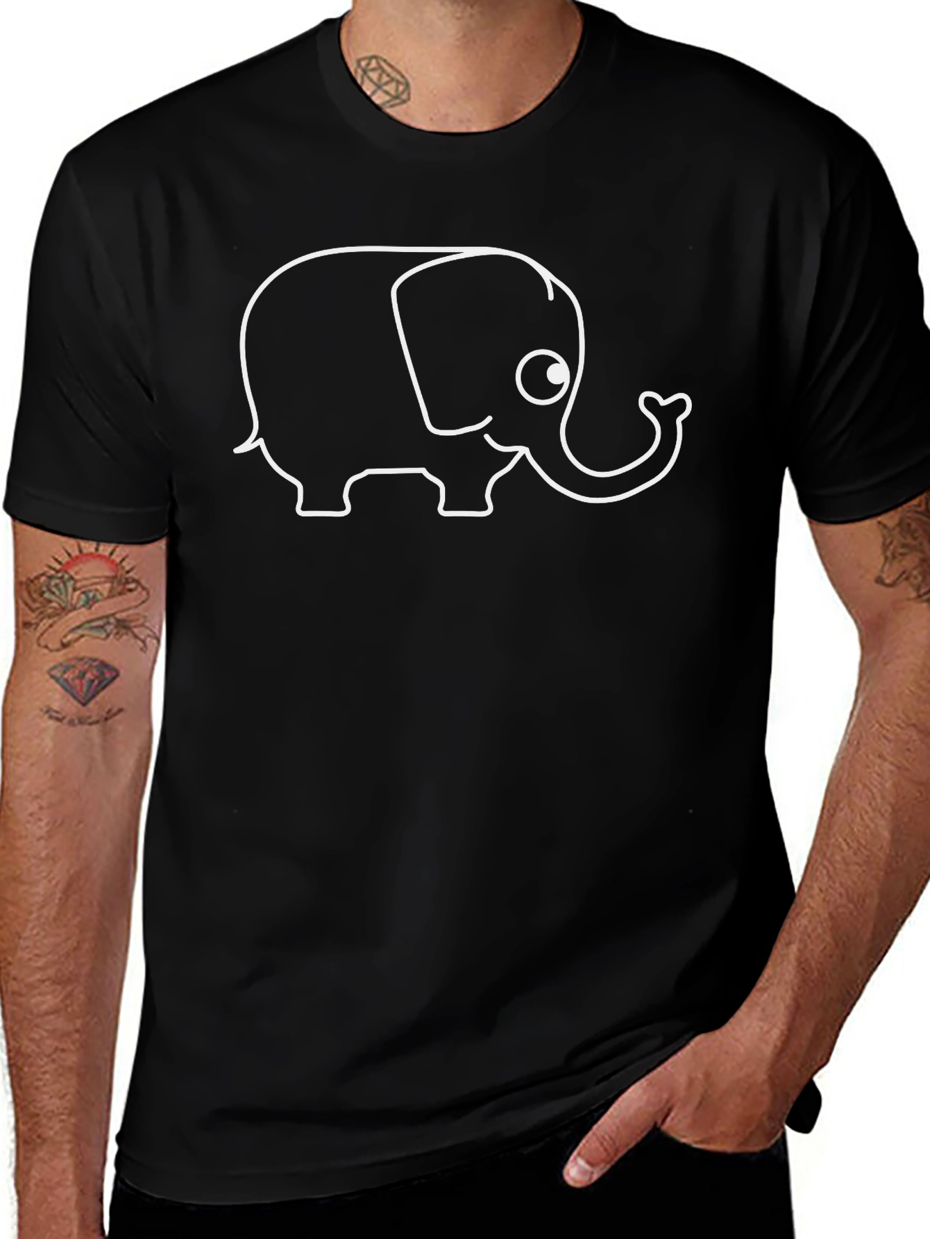 Elephant Outline Graphic Tee - Black Cotton Shirt