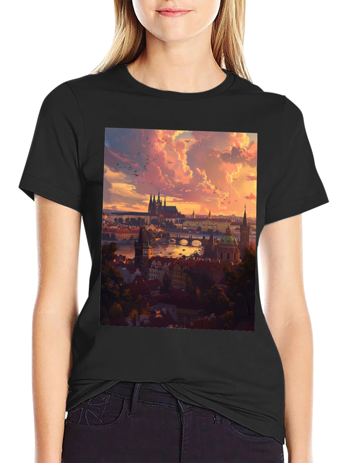 Prague Skyline T-Shirt - Sunset Cityscape Design