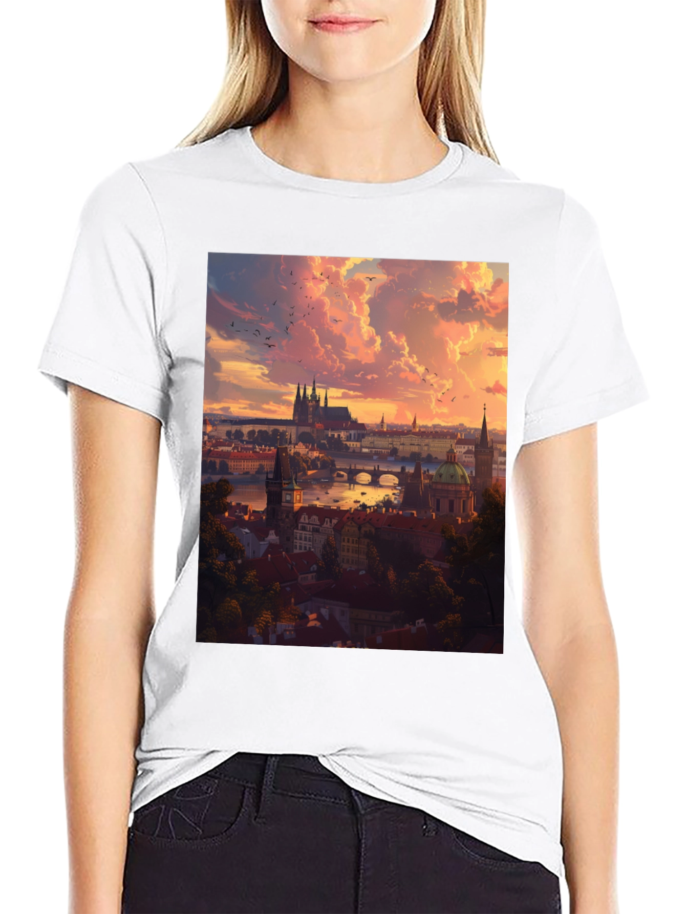 Prague Skyline T-Shirt - Sunset Cityscape Design