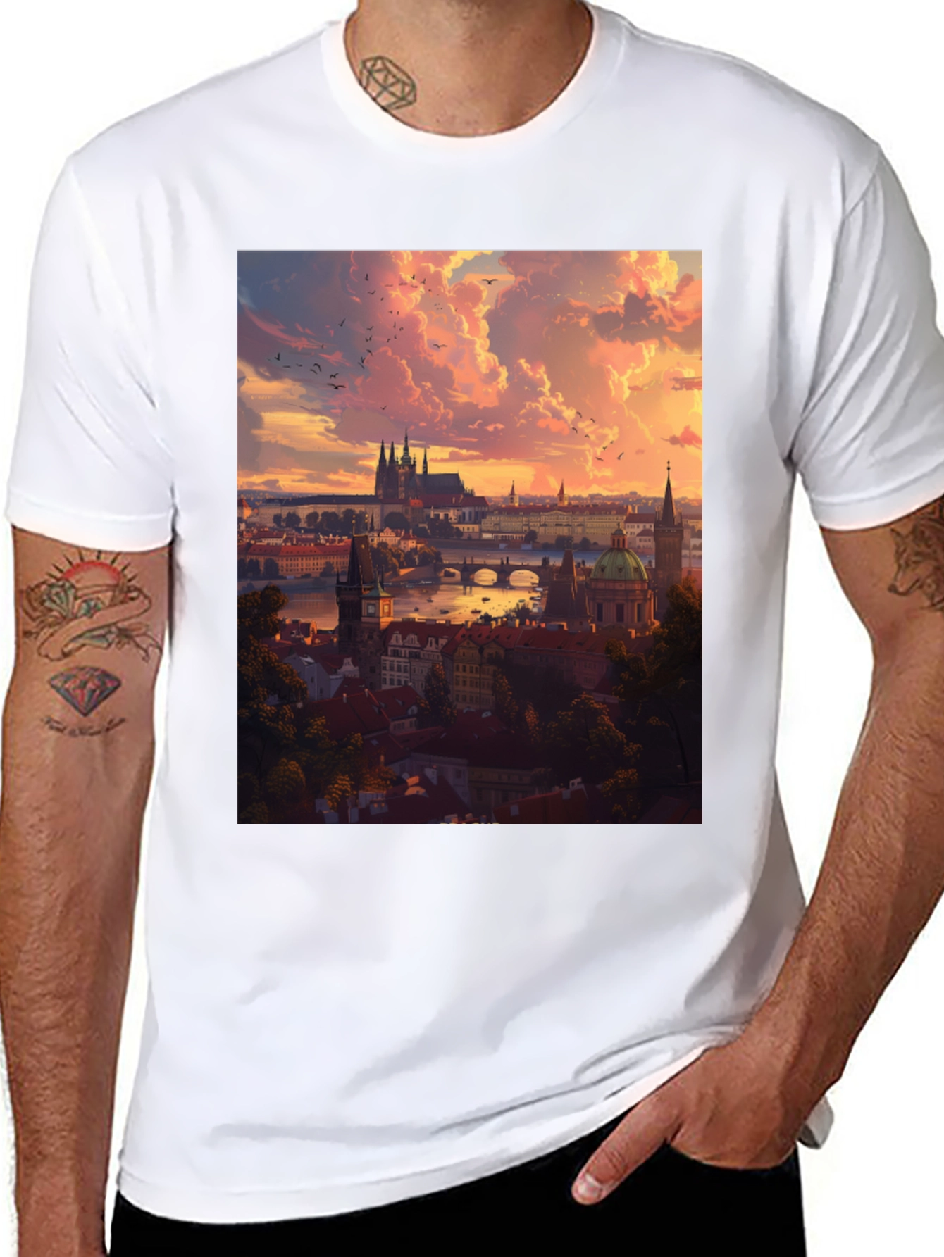 Prague Skyline T-Shirt - Sunset Cityscape Design