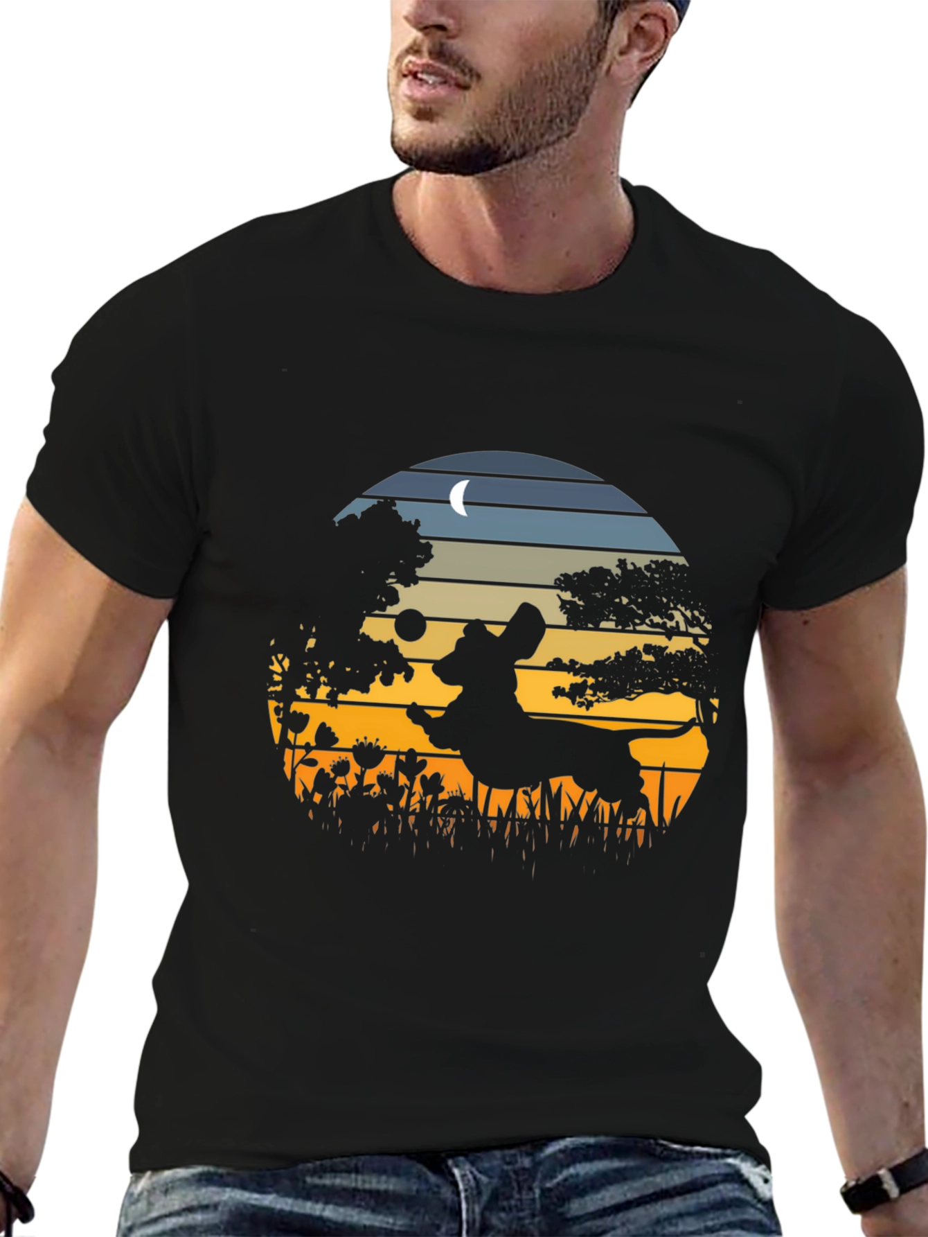 Dachshund Silhouette Tee - Sunset Scene Design