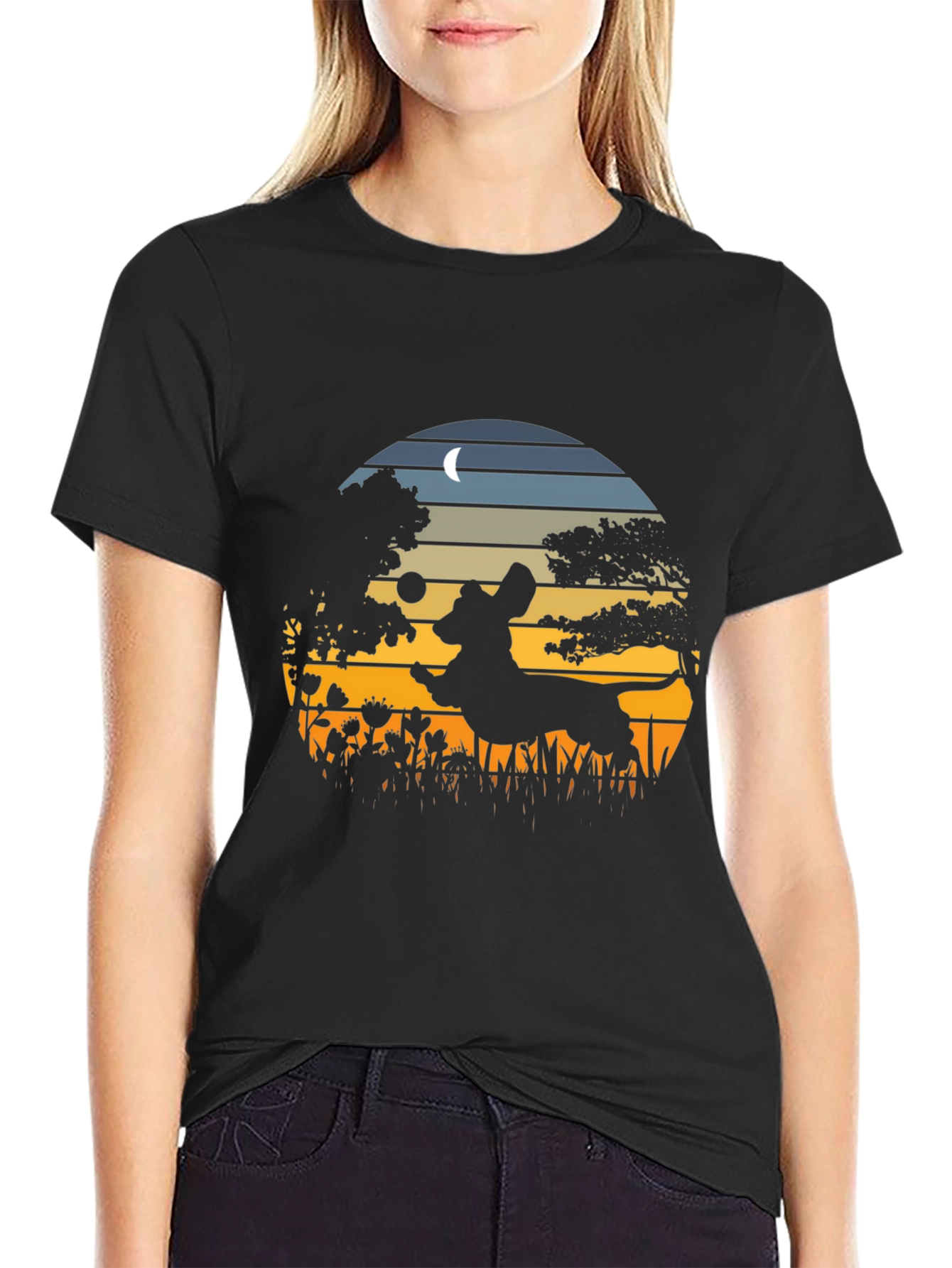 Dachshund Silhouette Tee - Sunset Scene Design