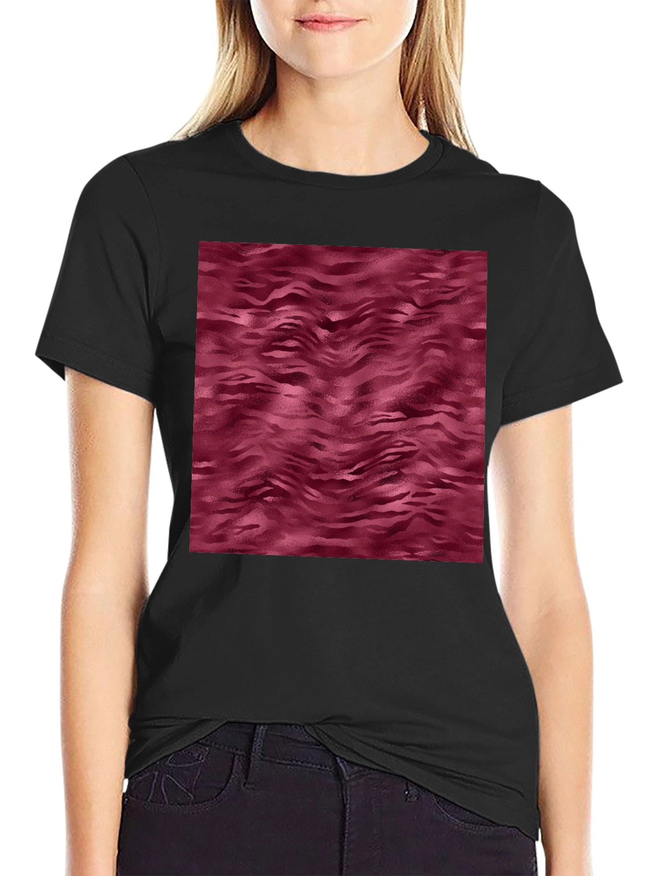 Abstract Maroon Wave Pattern Mens Black T-Shirt