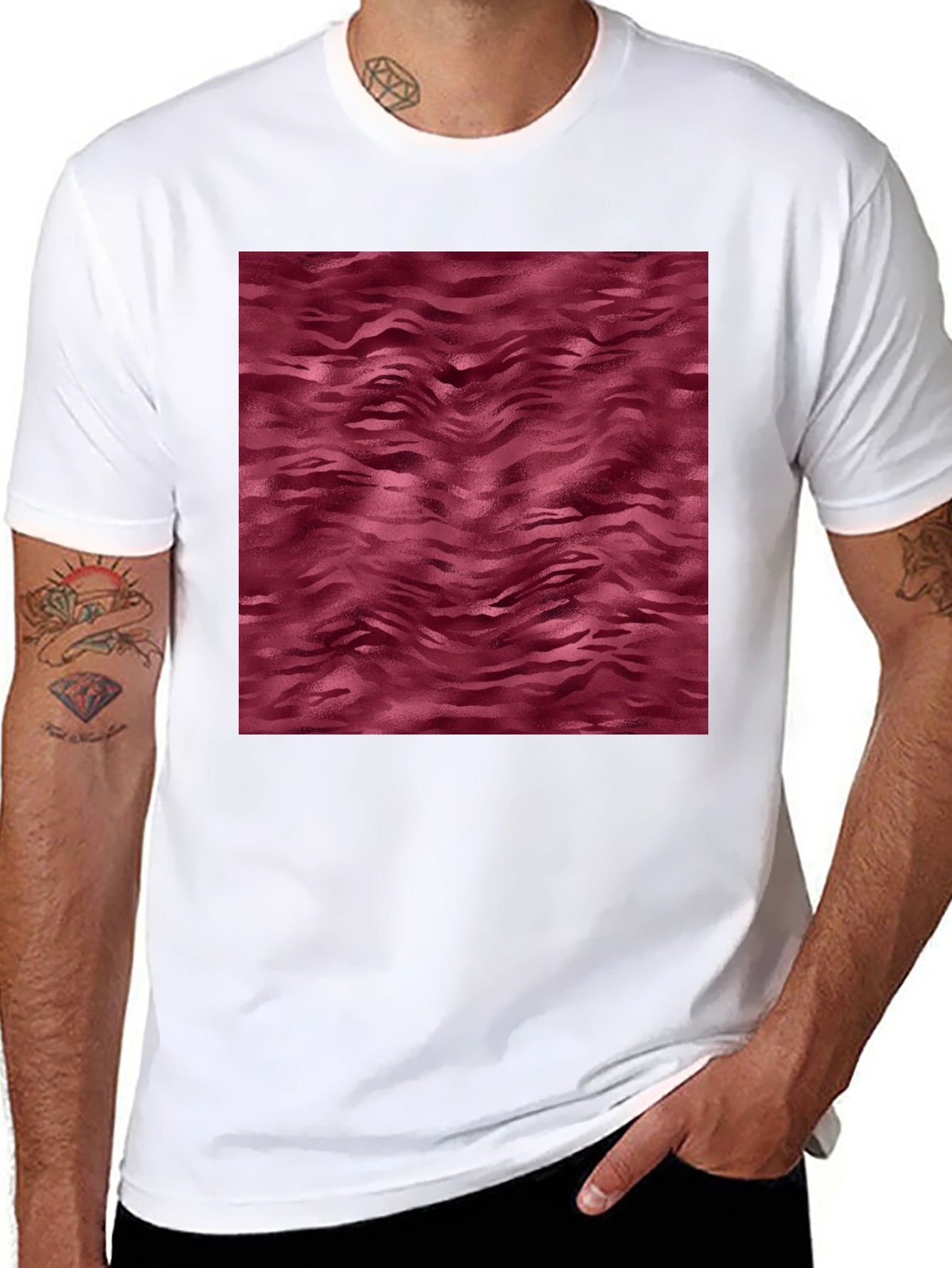 Abstract Maroon Wave Pattern Mens Black T-Shirt