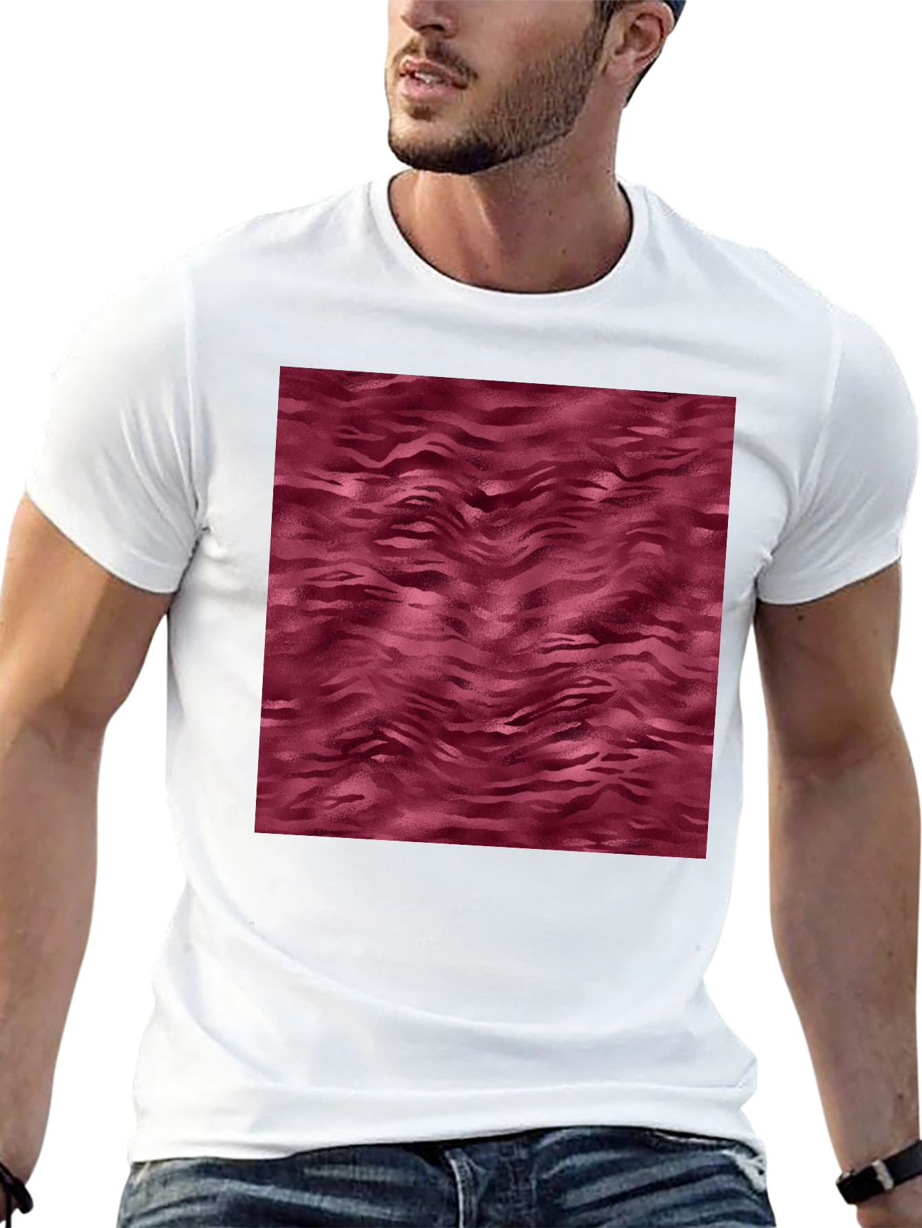 Abstract Maroon Wave Pattern Mens Black T-Shirt