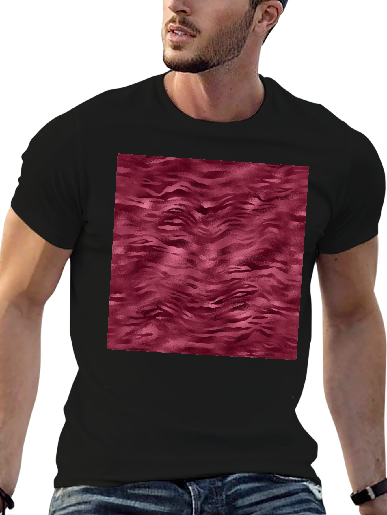 Abstract Maroon Wave Pattern Mens Black T-Shirt