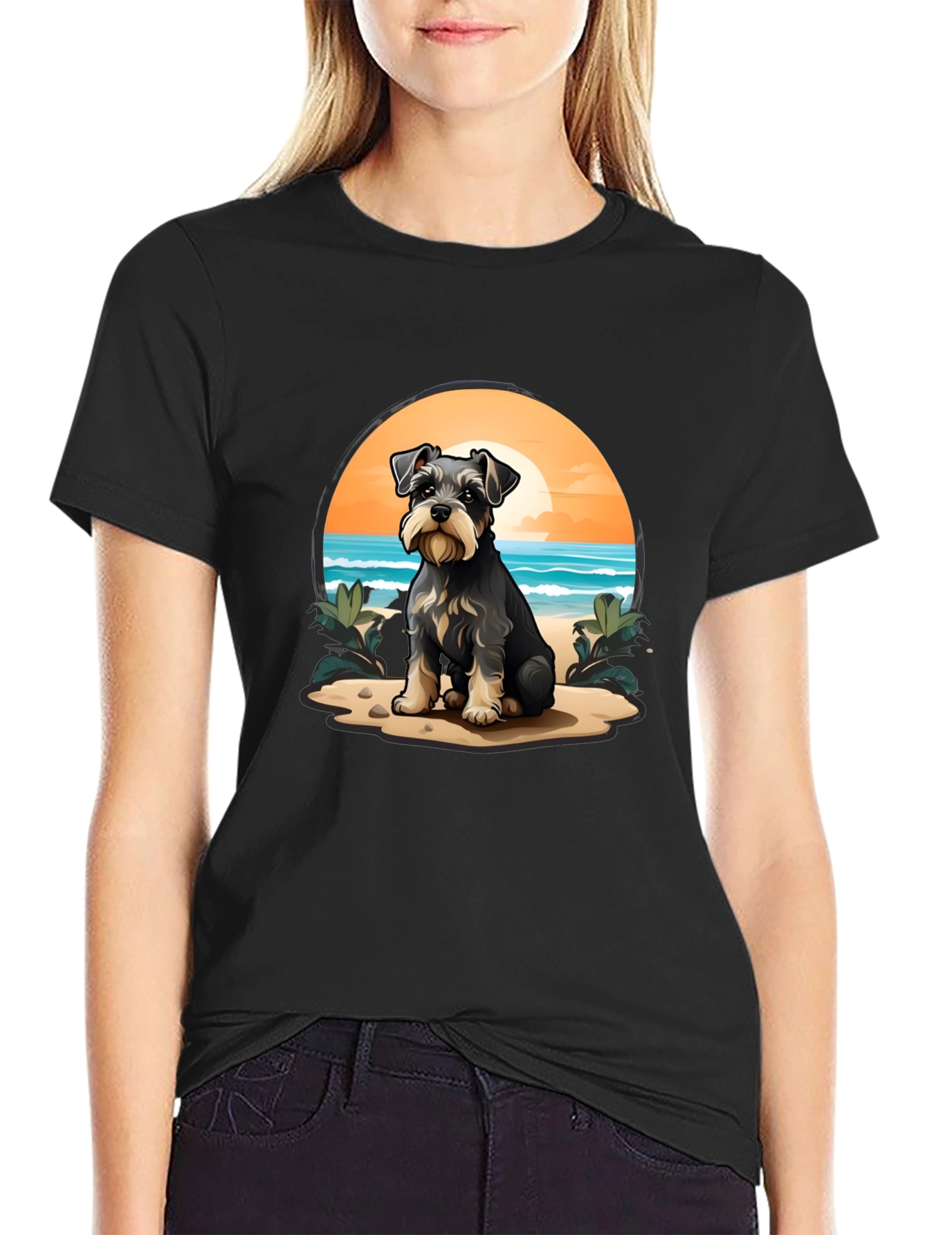 Schnauzer Dog Beach Scene T-Shirt