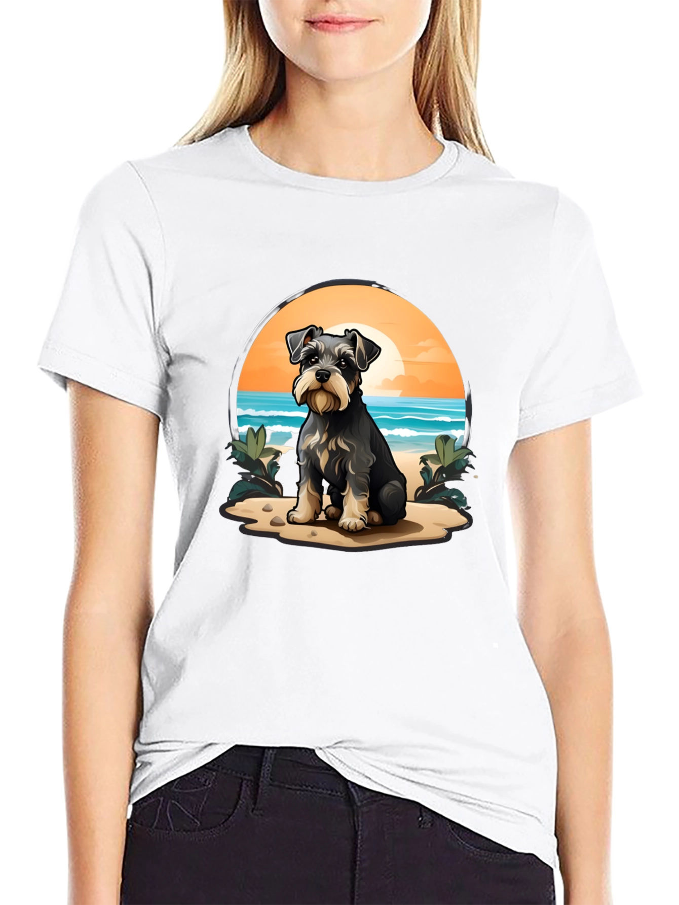 Schnauzer Dog Beach Scene T-Shirt