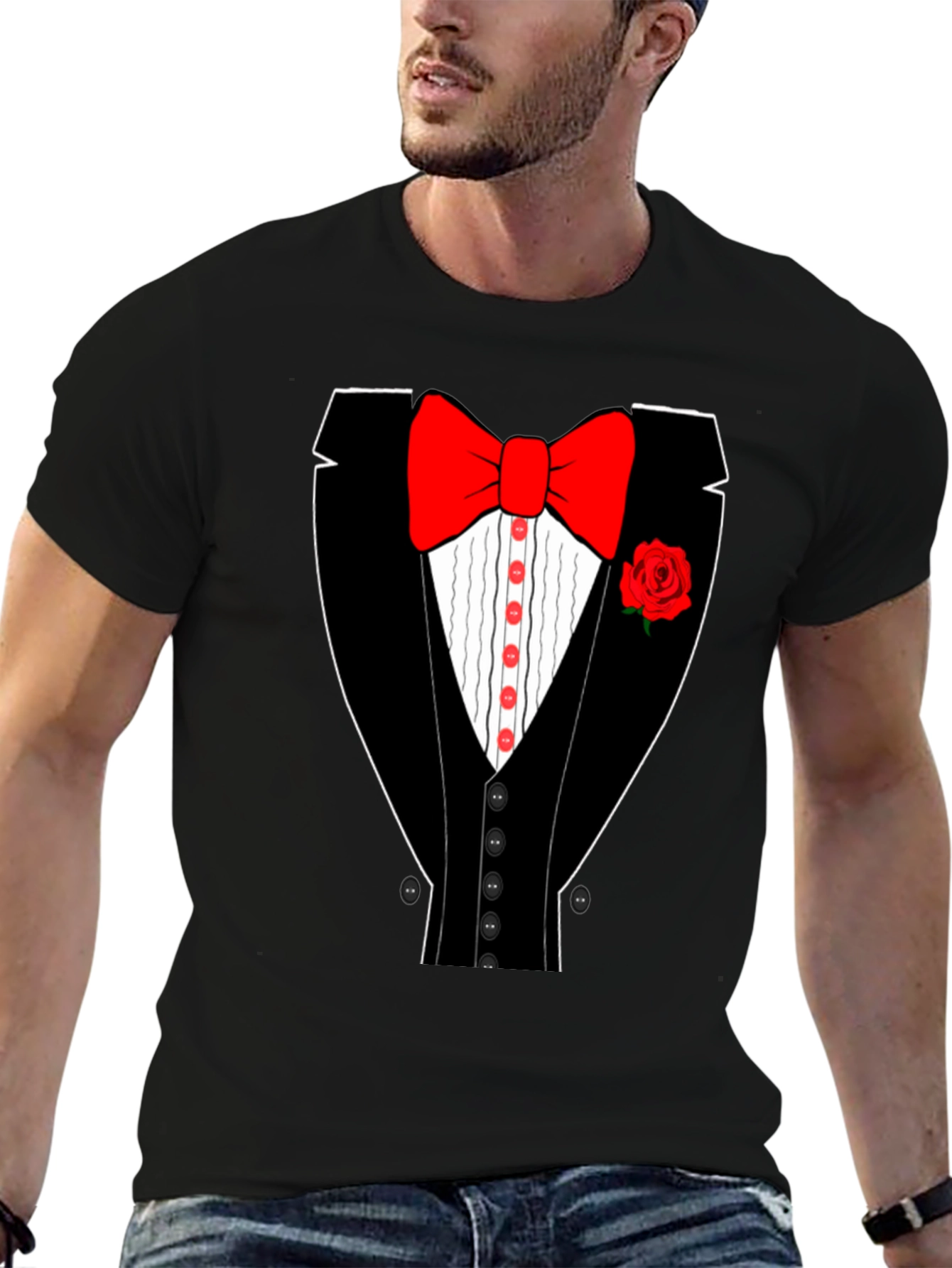 Tuxedo T-Shirt - Novelty Bow Tie Rose Graphic Tee
