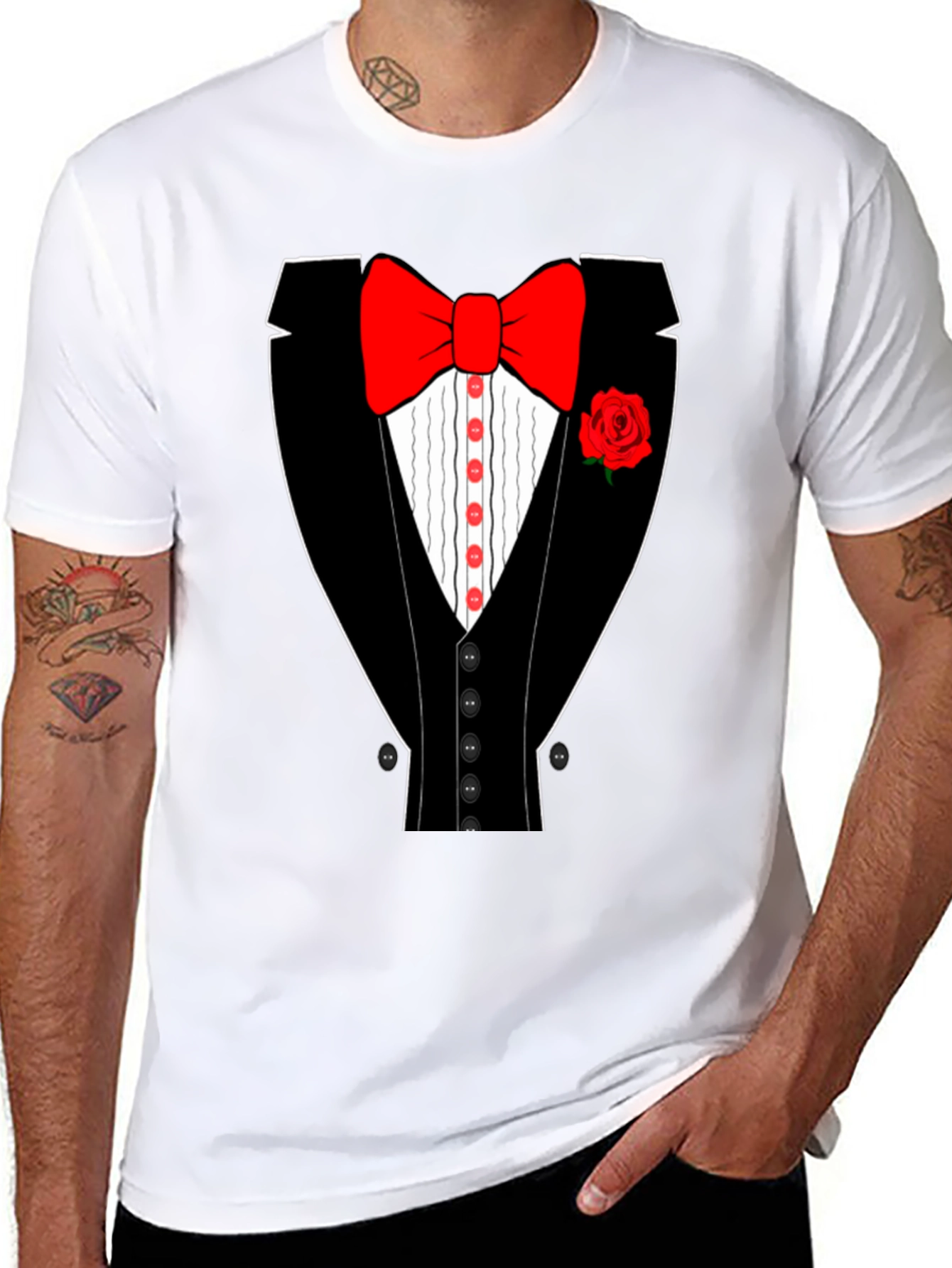 Tuxedo T-Shirt - Novelty Bow Tie Rose Graphic Tee