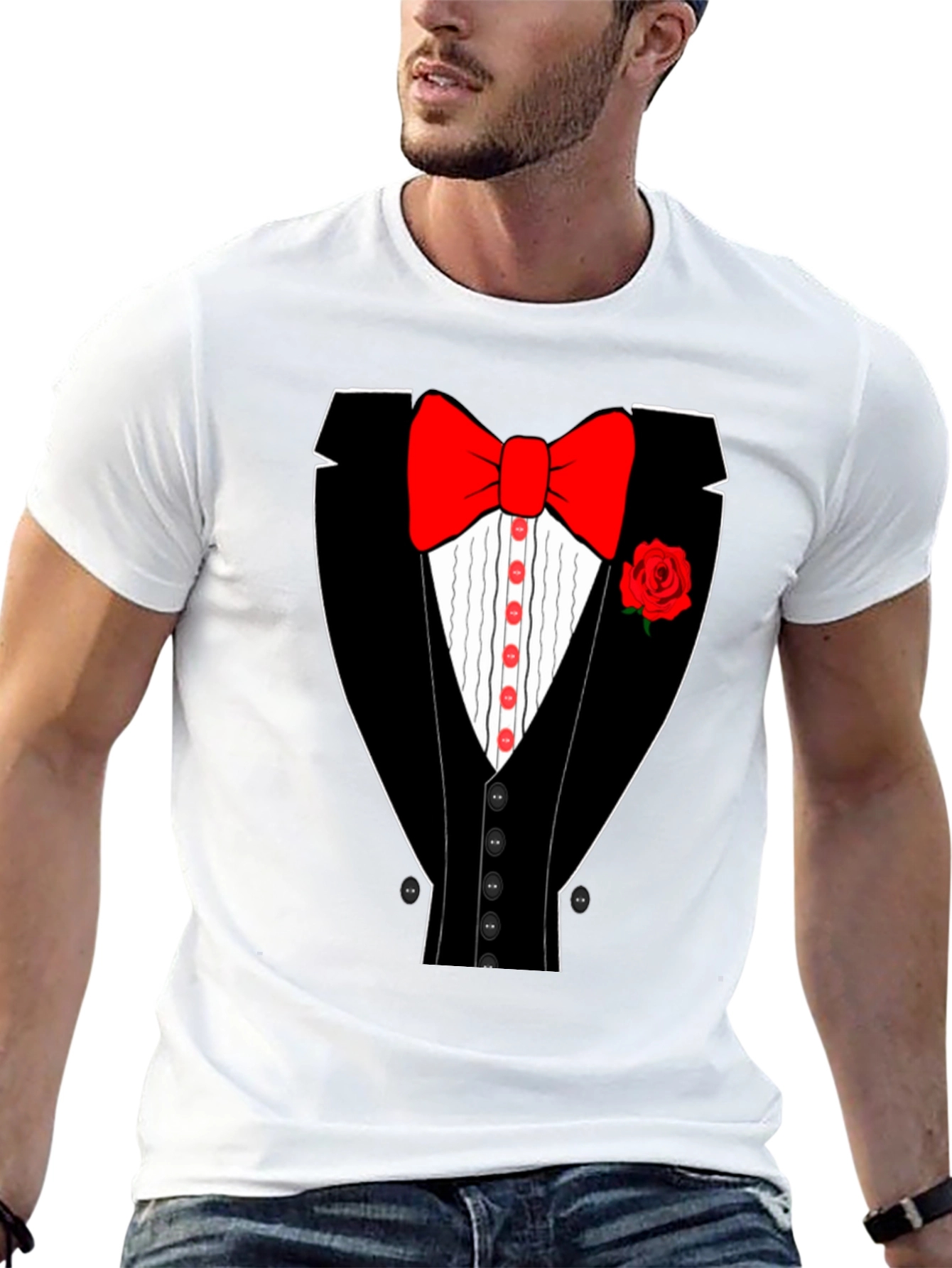 Tuxedo T-Shirt - Novelty Bow Tie Rose Graphic Tee