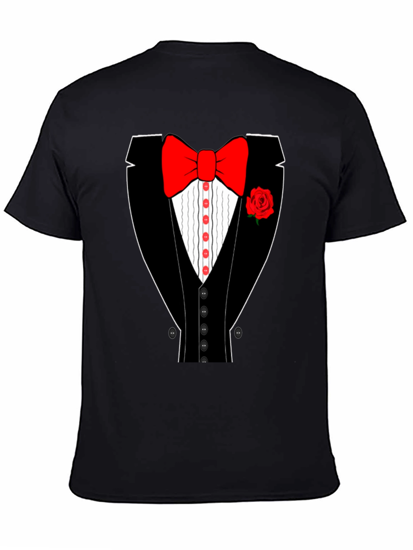 Tuxedo T-Shirt - Novelty Bow Tie Rose Graphic Tee