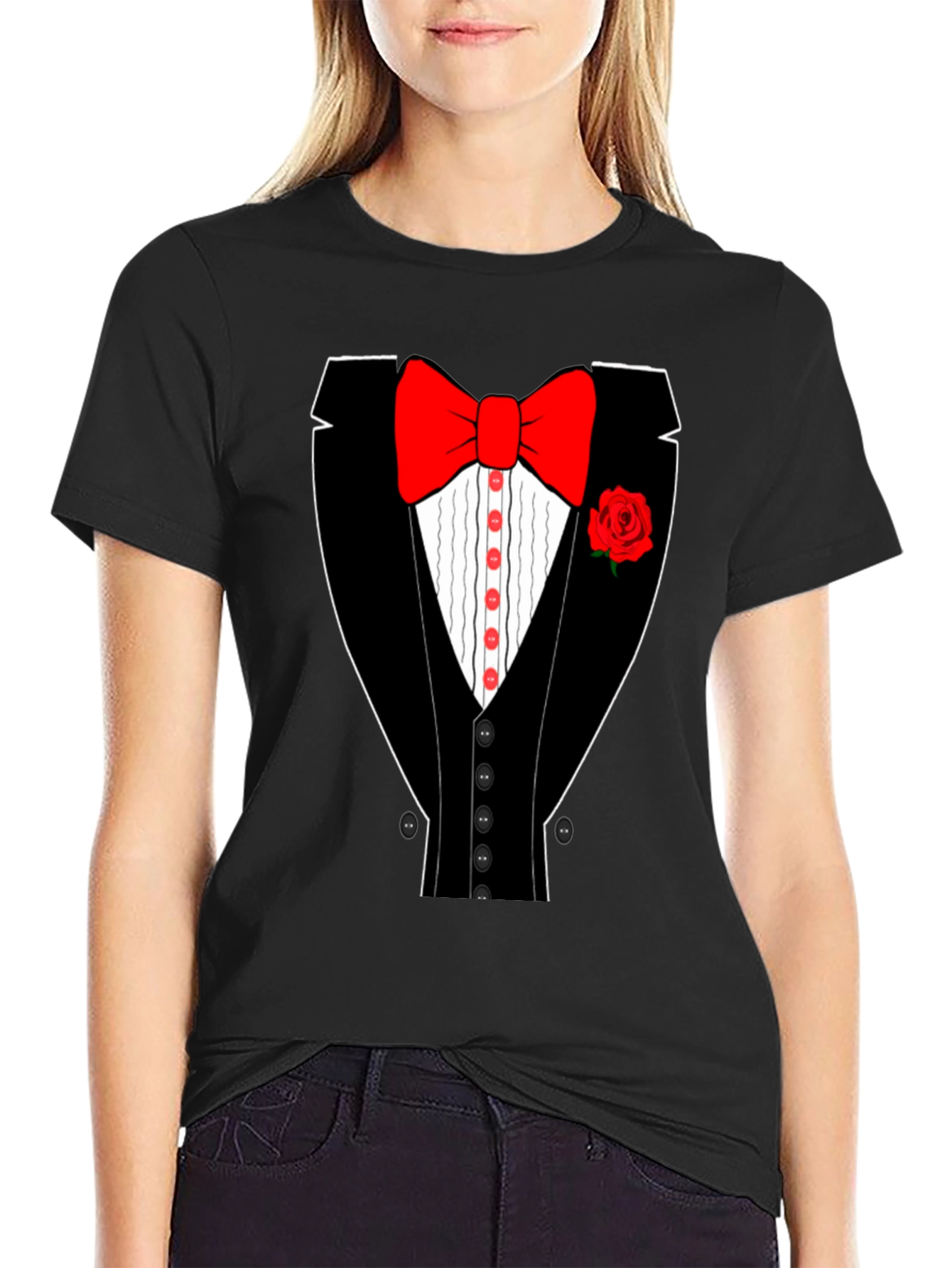 Tuxedo T-Shirt - Novelty Bow Tie Rose Graphic Tee