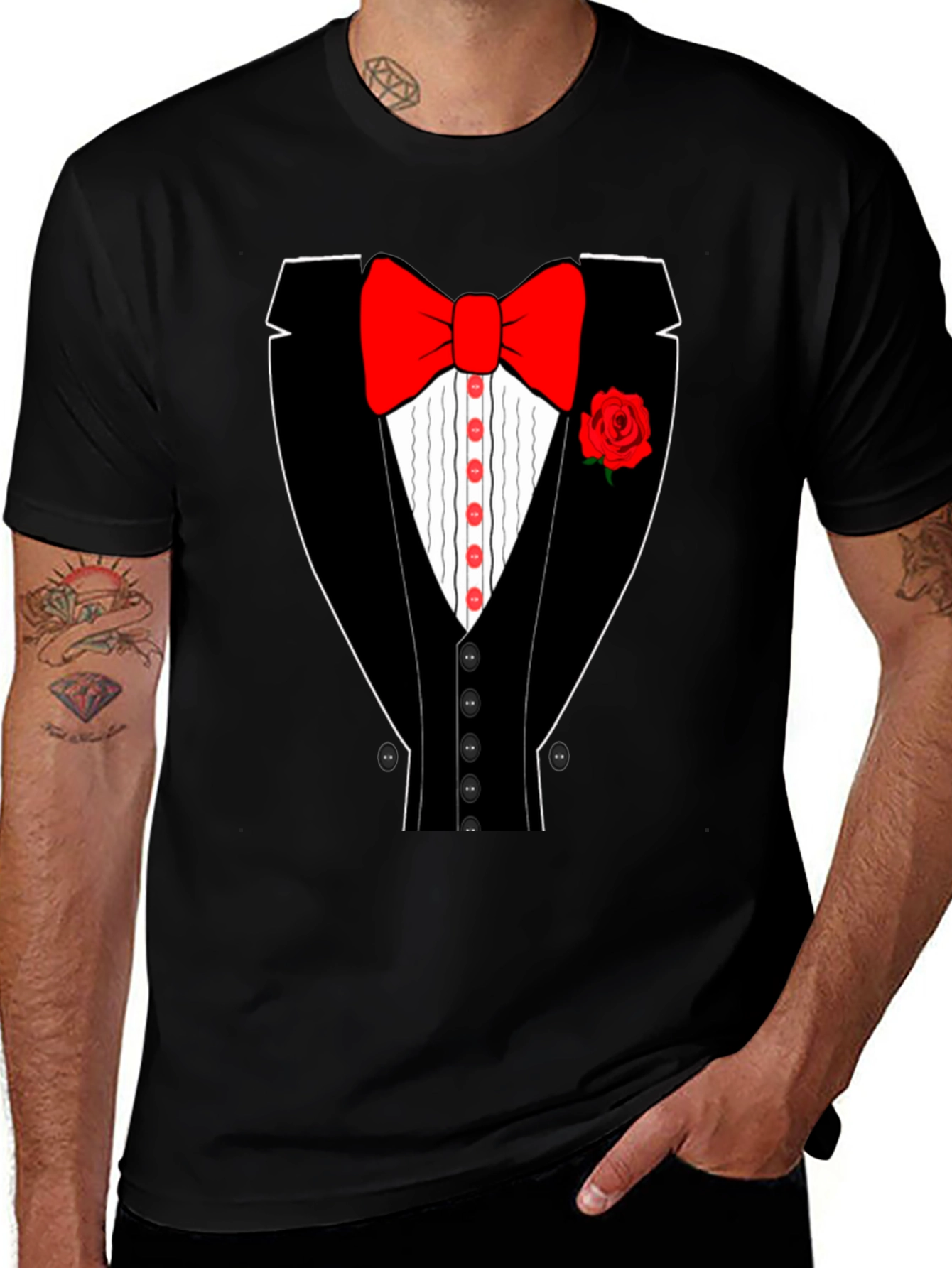Tuxedo T-Shirt - Novelty Bow Tie Rose Graphic Tee