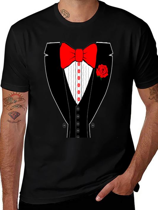 Tuxedo T-Shirt - Novelty Bow Tie Rose Graphic Tee