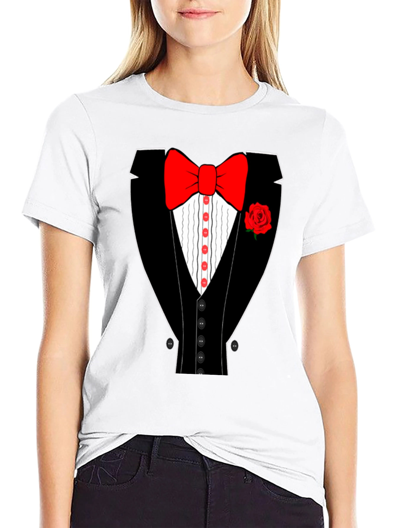 Tuxedo T-Shirt - Novelty Bow Tie Rose Graphic Tee