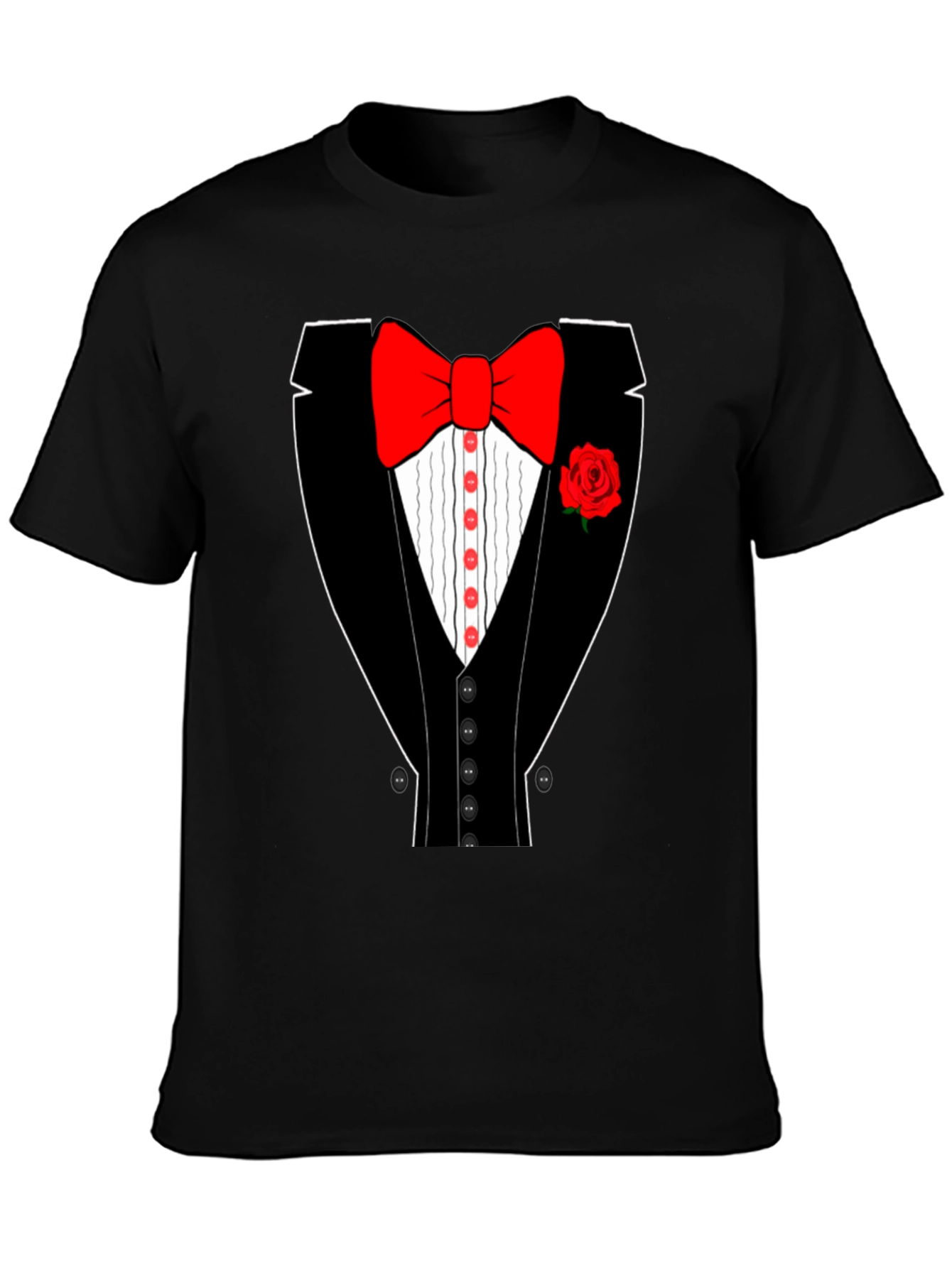 Tuxedo T-Shirt - Novelty Bow Tie Rose Graphic Tee