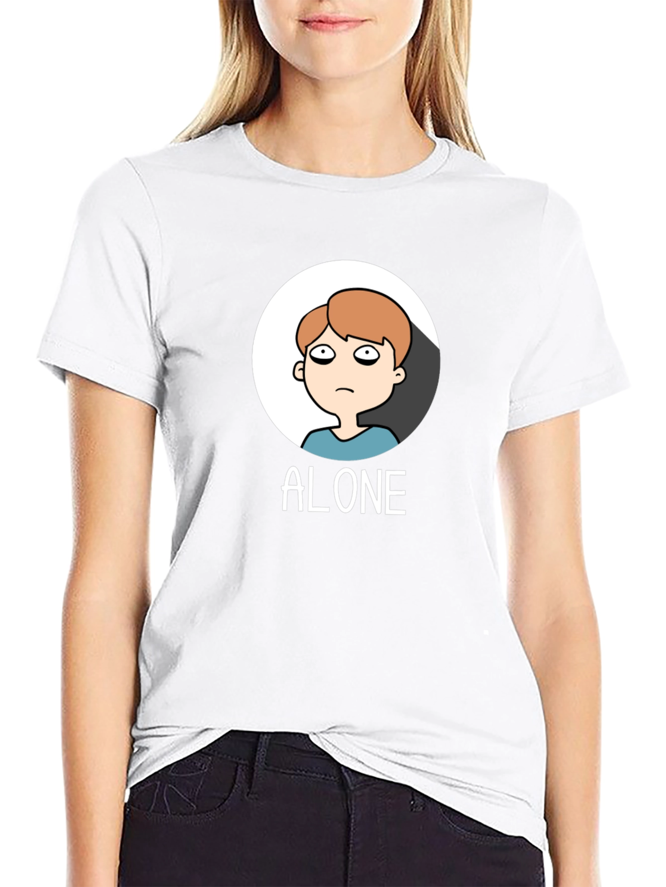 Alone Cartoon Graphic Tee - Black Cotton T-Shirt