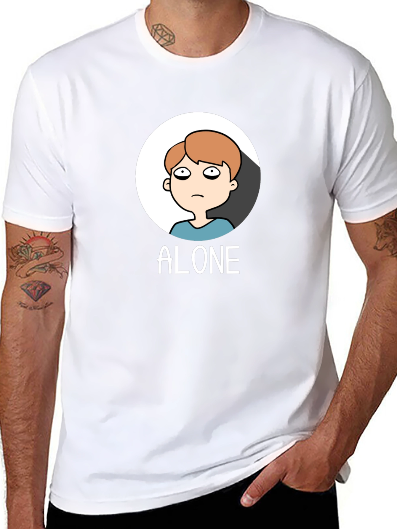 Alone Cartoon Graphic Tee - Black Cotton T-Shirt
