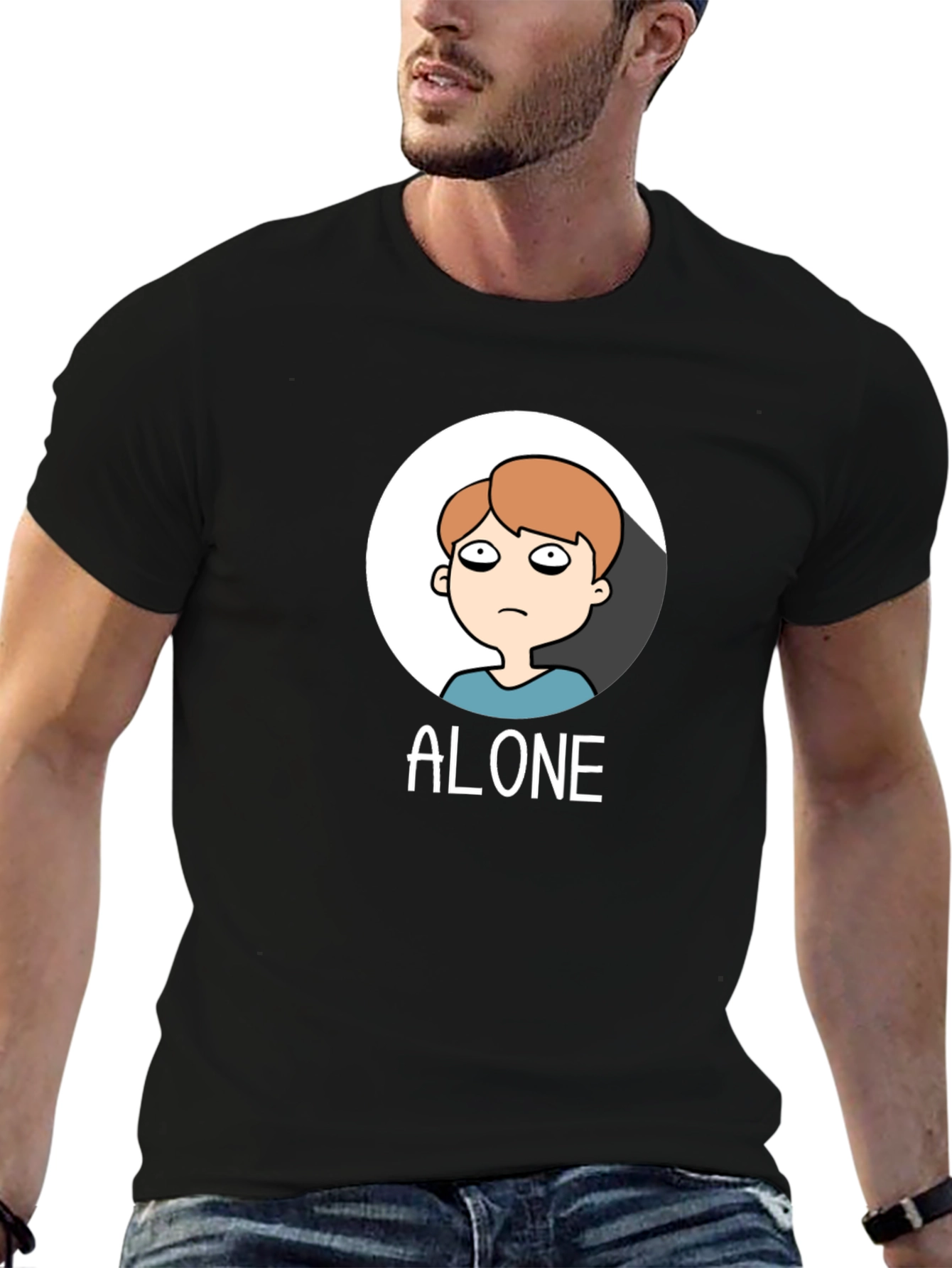 Alone Cartoon Graphic Tee - Black Cotton T-Shirt