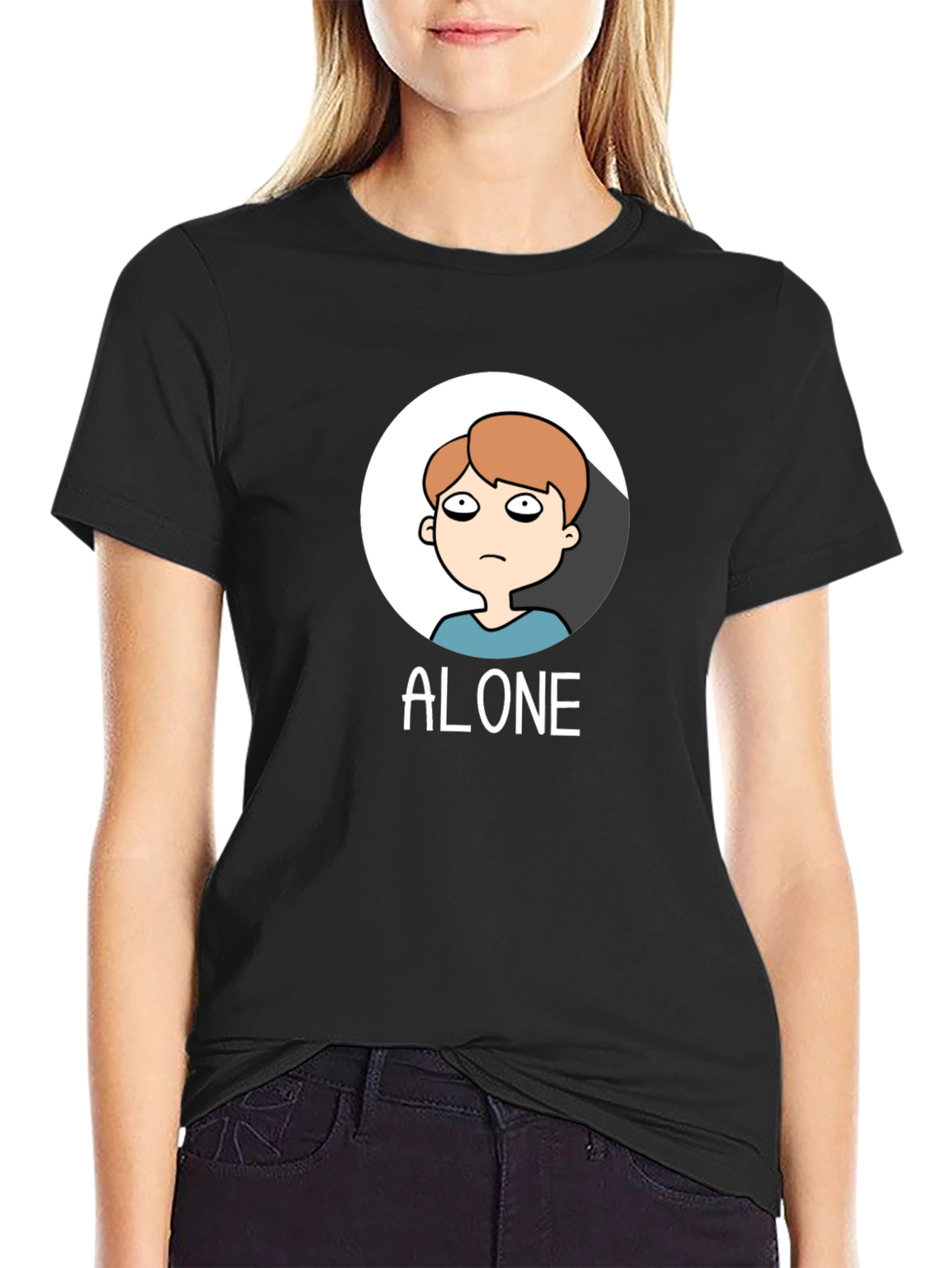 Alone Cartoon Graphic Tee - Black Cotton T-Shirt