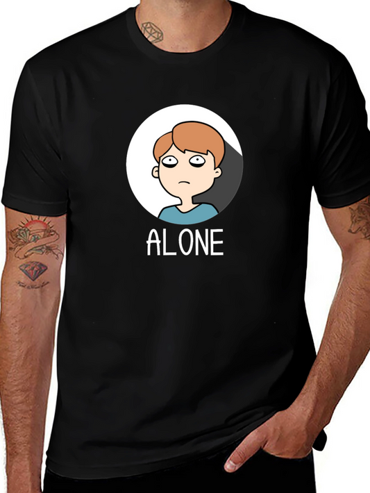 Alone Cartoon Graphic Tee - Black Cotton T-Shirt