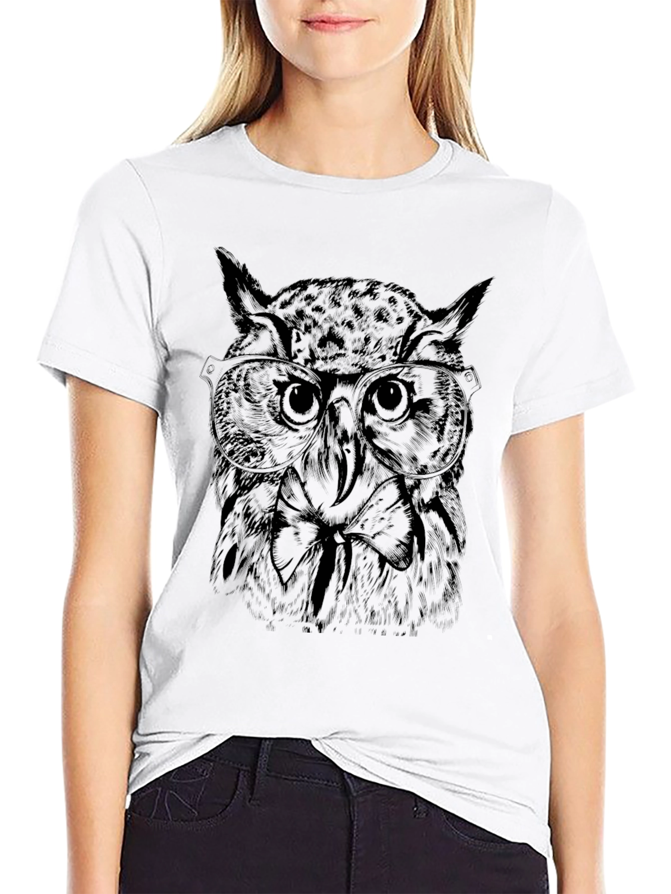 Owl with Glasses Graphic Tee - Black