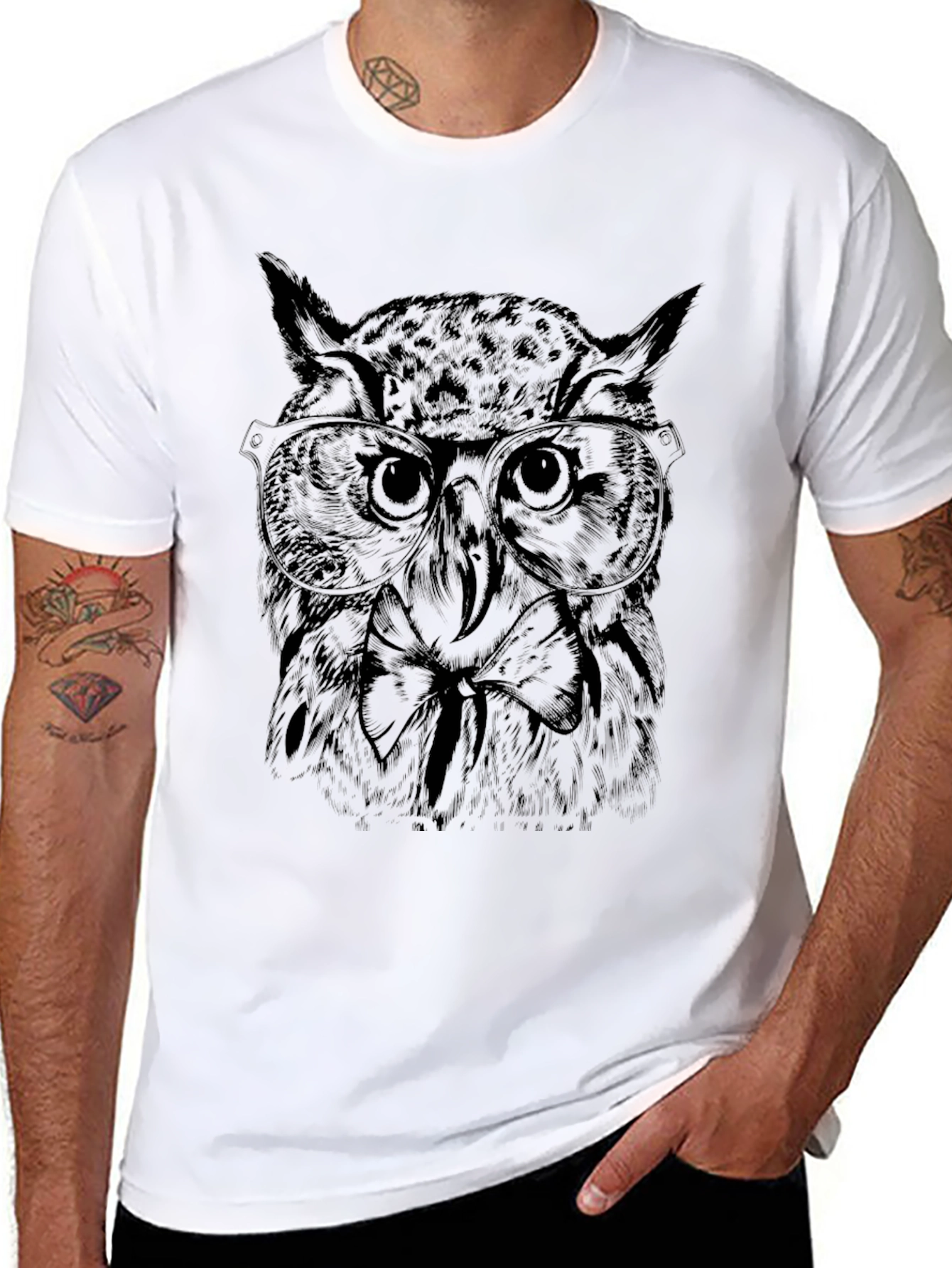 Owl with Glasses Graphic Tee - Black