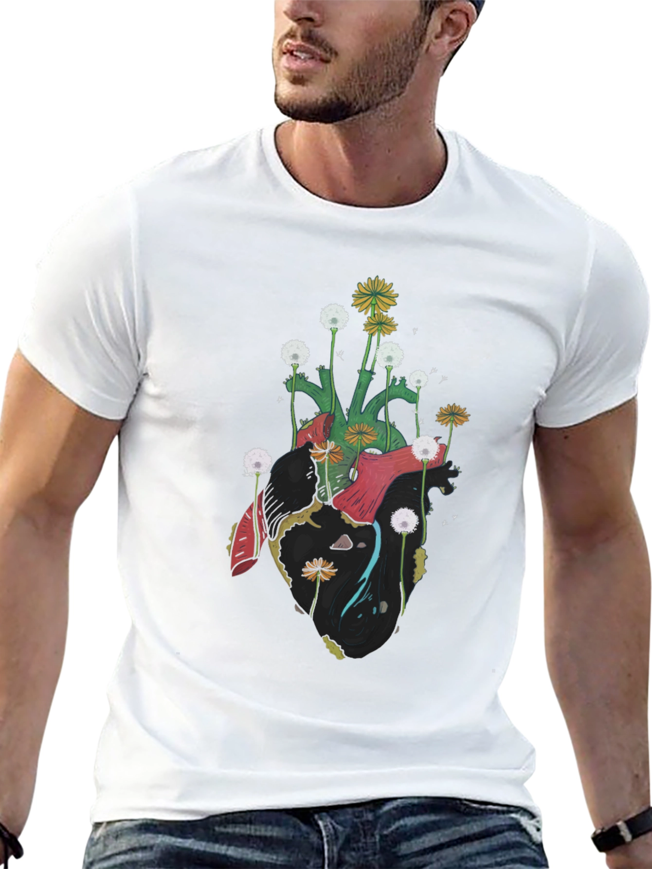 Floral Heart Graphic Tee - Unique Art Shirt