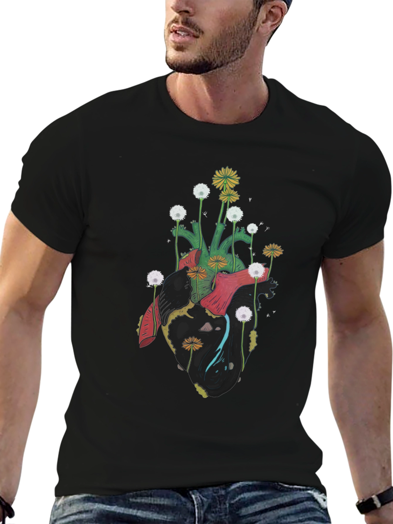 Floral Heart Graphic Tee - Unique Art Shirt